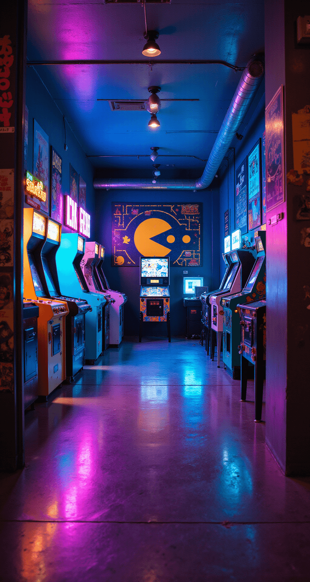 A vibrant basement arcade illuminated by neon blue, pink, and green lights, showcasing classic arcade cabinets, a large Pac-Man decal, retro posters, a spotlighted pinball machine, and a DDR platform, all reflecting off polished concrete floors, creating an energetic and nostalgic nighttime atmosphere.