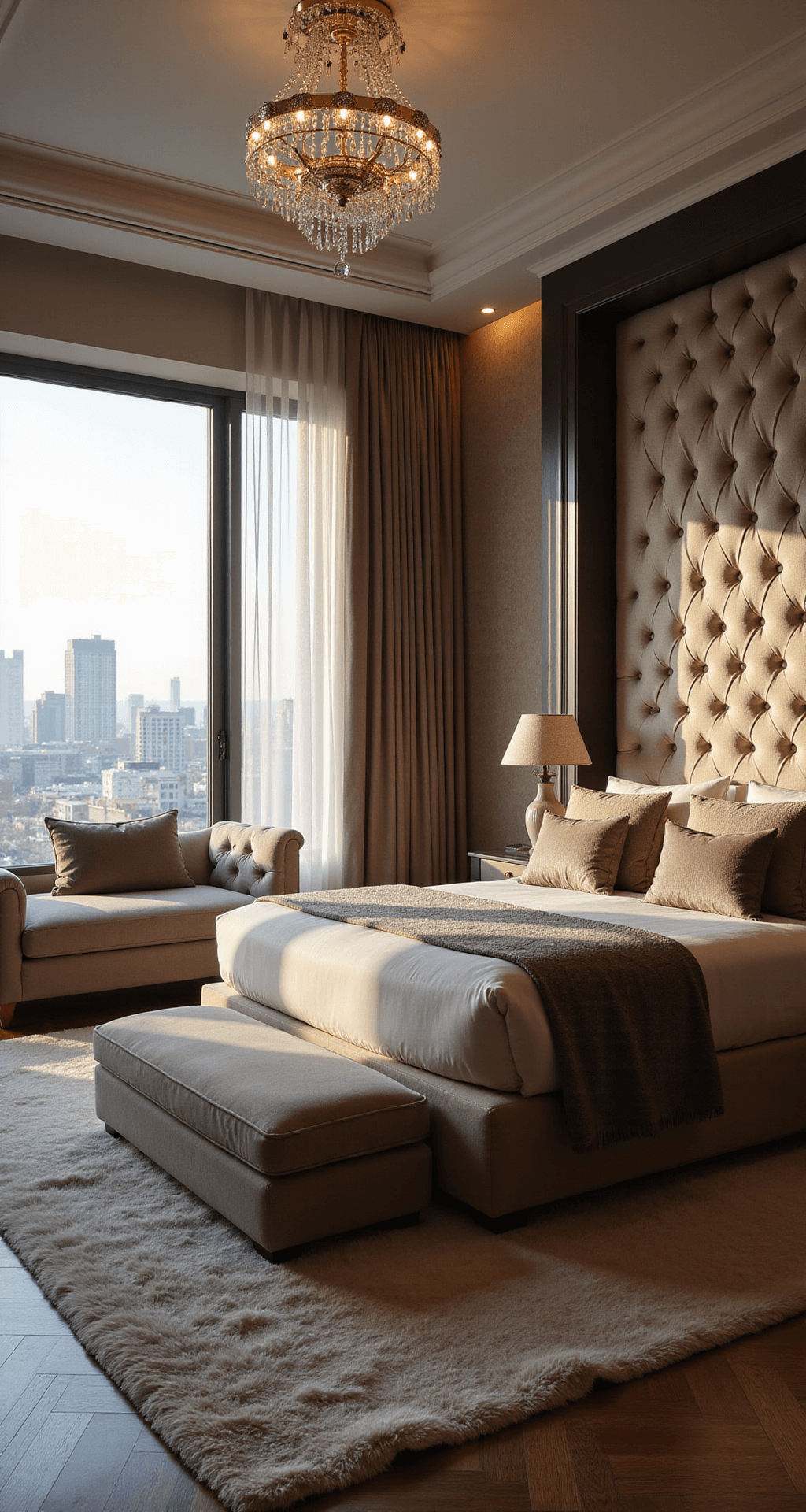 Aesthetic Bedroom Ideas for Bloxburg A luxurious master suite featuring a king-size bed with an upholstered headboard, matching nightstands, a plush chaise lounge, and floor-to-ceiling windows with city skyline views, illuminated by a crystal chandelier and enhanced by velvet pillows and a faux fur rug.