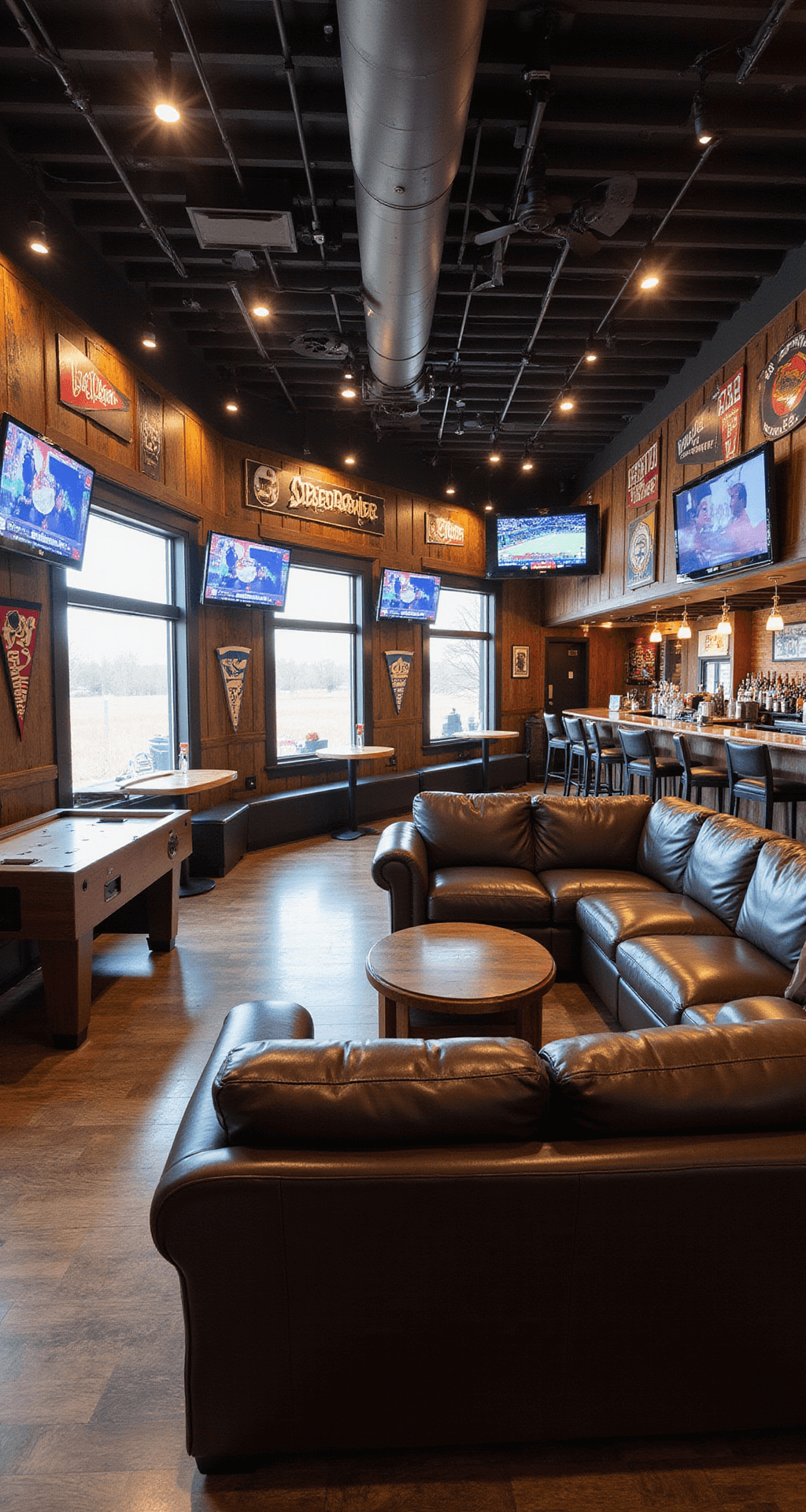 A spacious sports lounge basement featuring large egress windows and multiple flatscreen TVs, showcasing a central leather sectional facing an 85