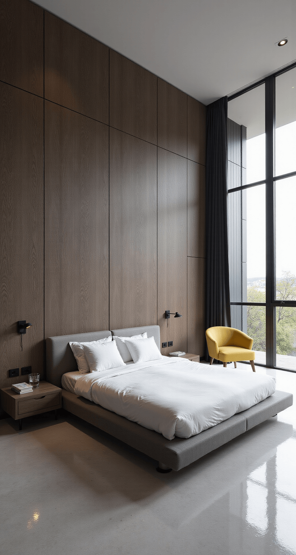 Aesthetic Bedroom Ideas for Bloxburg Modern bedroom featuring textured wood paneling, low-profile platform bed, minimalist floating nightstands, a yellow accent chair, and floor-to-ceiling windows, captured from a slight upward angle.
