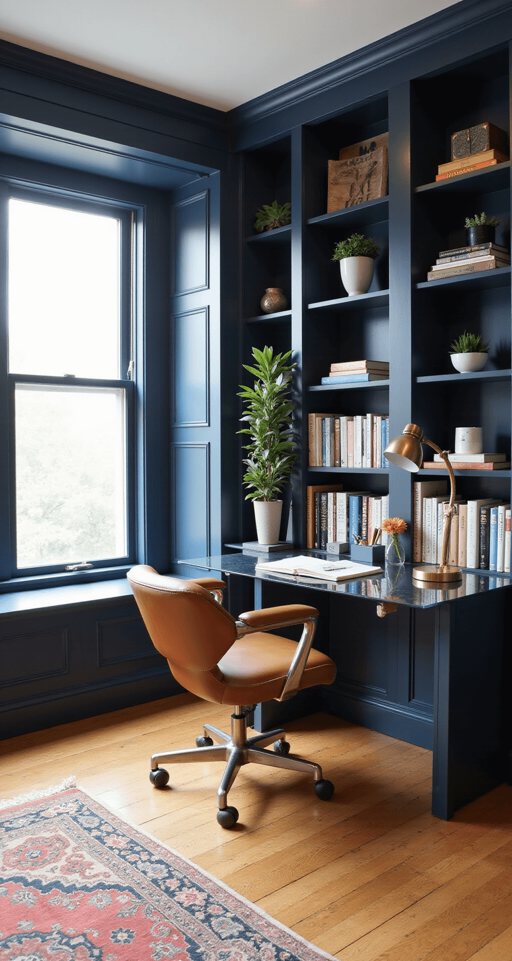 Bloxburg House Ideas: Ultimate 2-Floor Layout Guide for Gamers A bright corner home office in Bloxburg featuring a modern glass desk, ergonomic cognac leather chair, and built-in navy blue bookshelves, with morning light streaming through a bay window, decorative floating shelves, a vintage-inspired area rug, and a brass task lamp.