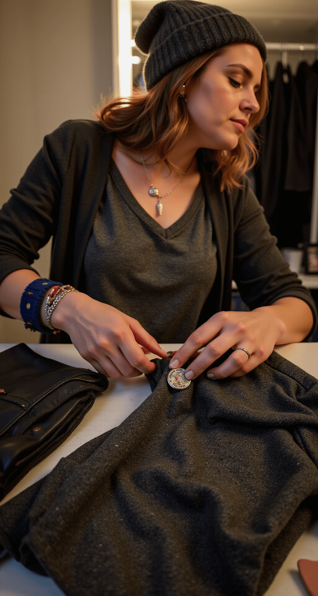 Close-up of hands layering team-colored accessories, including fingerless gloves, a charm bracelet, and a vintage pin on a beanie, surrounded by a fitted team tee, leather jacket, dark skinny jeans, and artfully arranged makeup essentials in warm LED lighting.