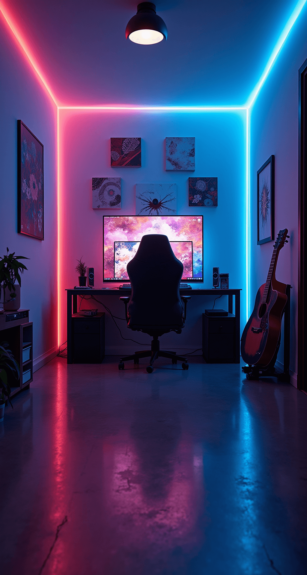 Dusk interior shot of a 12x12ft gaming den with RGB LED lighting creating a gradient from deep blue to magenta along the walls, featuring geometric Nanoleaf panels above an ultrawide monitor, soft ambient light from smart bulbs, and a desk-mounted ring light. The polished concrete floor reflects the dramatic lighting setup, captured from a low angle at a 30-degree tilt.