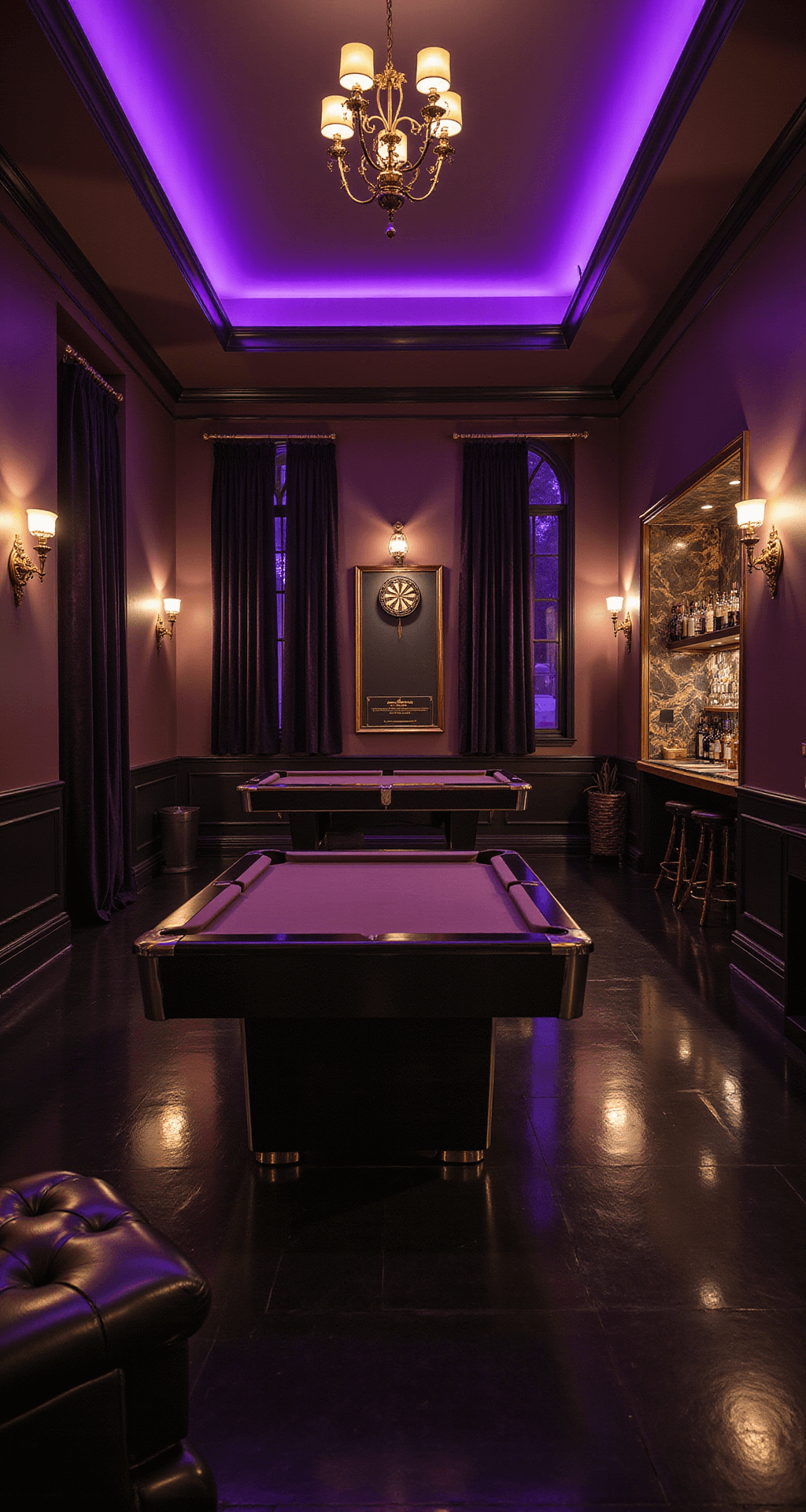 A luxurious 20x30ft bar and game room with deep purple walls, gold accents, and black leather seating, featuring moody lighting, a fully equipped bar with a mirrored backsplash, a pool table under a modern chandelier, a dart board in an alcove, and plush velvet curtains. The high-gloss black floor reflects the elegant details, creating a sophisticated and mysterious atmosphere.