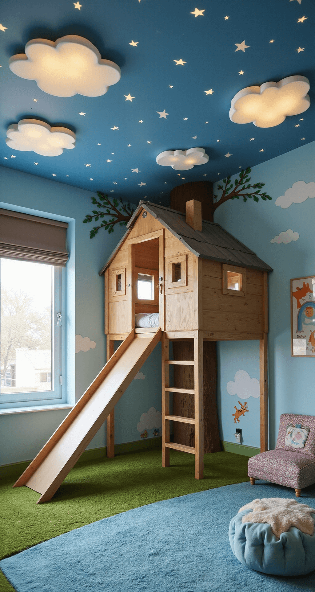 Aesthetic Bedroom Ideas for Bloxburg A whimsical child's bedroom featuring a treehouse-style loft bed with a slide, illuminated by natural light and glow-in-the-dark stars on the ceiling. The soft sky blue walls showcase colorful toy storage and interactive wall art, while a plush carpet resembles grass beneath cloud-shaped light fixtures. The photograph is taken from a child's eye level, highlighting the room's playful details and inviting atmosphere.