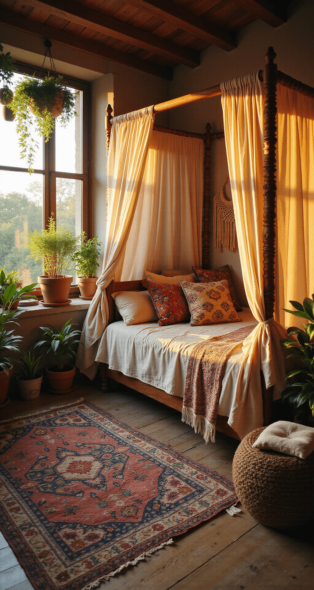 Aesthetic Bedroom Ideas for Bloxburg A bohemian 7x7 meter bedroom bathed in golden hour light, featuring a canopy bed with gauzy fabrics, layered patterned rugs on a wooden floor, macramé wall hangings, potted plants, earth tones accented with jewel-toned pillows and artwork.