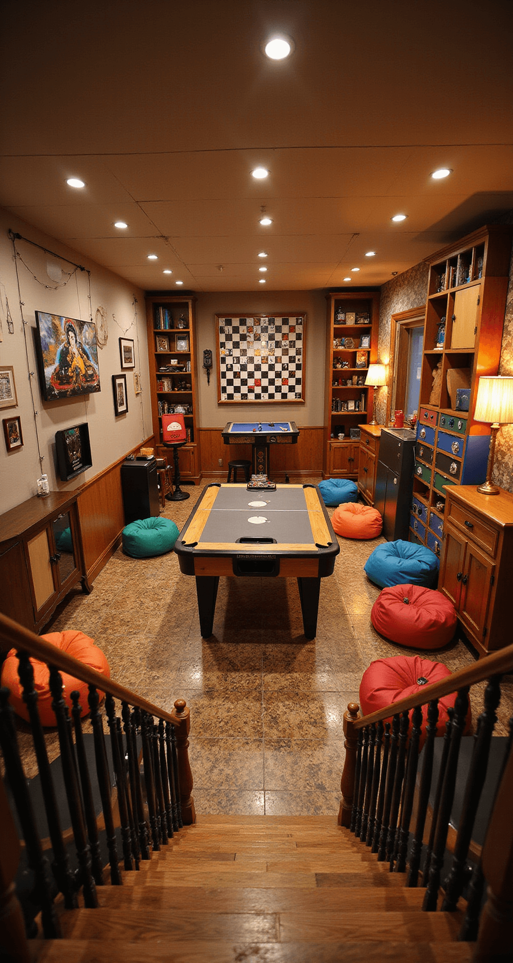 A cozy, eclectic basement gaming area featuring warm, layered lighting, Tetris-inspired shelving, a large chess set, a vintage poker table, a modern air hockey setup, and colorful bean bags, viewed from the staircase.