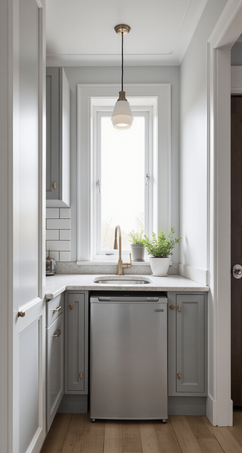 Sizzling Small Kitchen Ideas for Bloxburg: Maximize Style in Minimal Space A compact 3x3 kitchen filled with soft morning light, featuring sleek white reveal pillars, a mini fridge-sink combo, light grey wall-mounted cabinets, a marble countertop prep area with a pendant light, and potted herbs for a fresh pop of greenery.