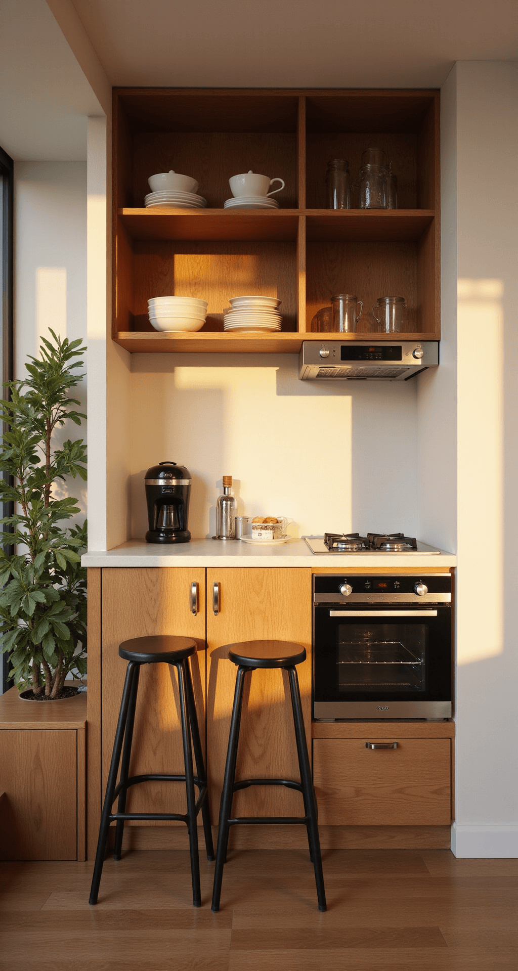 Sizzling Small Kitchen Ideas for Bloxburg: Maximize Style in Minimal Space An intimate 3x2 kitchen bathed in golden hour light, featuring a white quartz countertop, brushed stainless steel appliances, open wooden shelving displaying dishes, and a narrow breakfast bar with two stools, all in a warm color scheme.