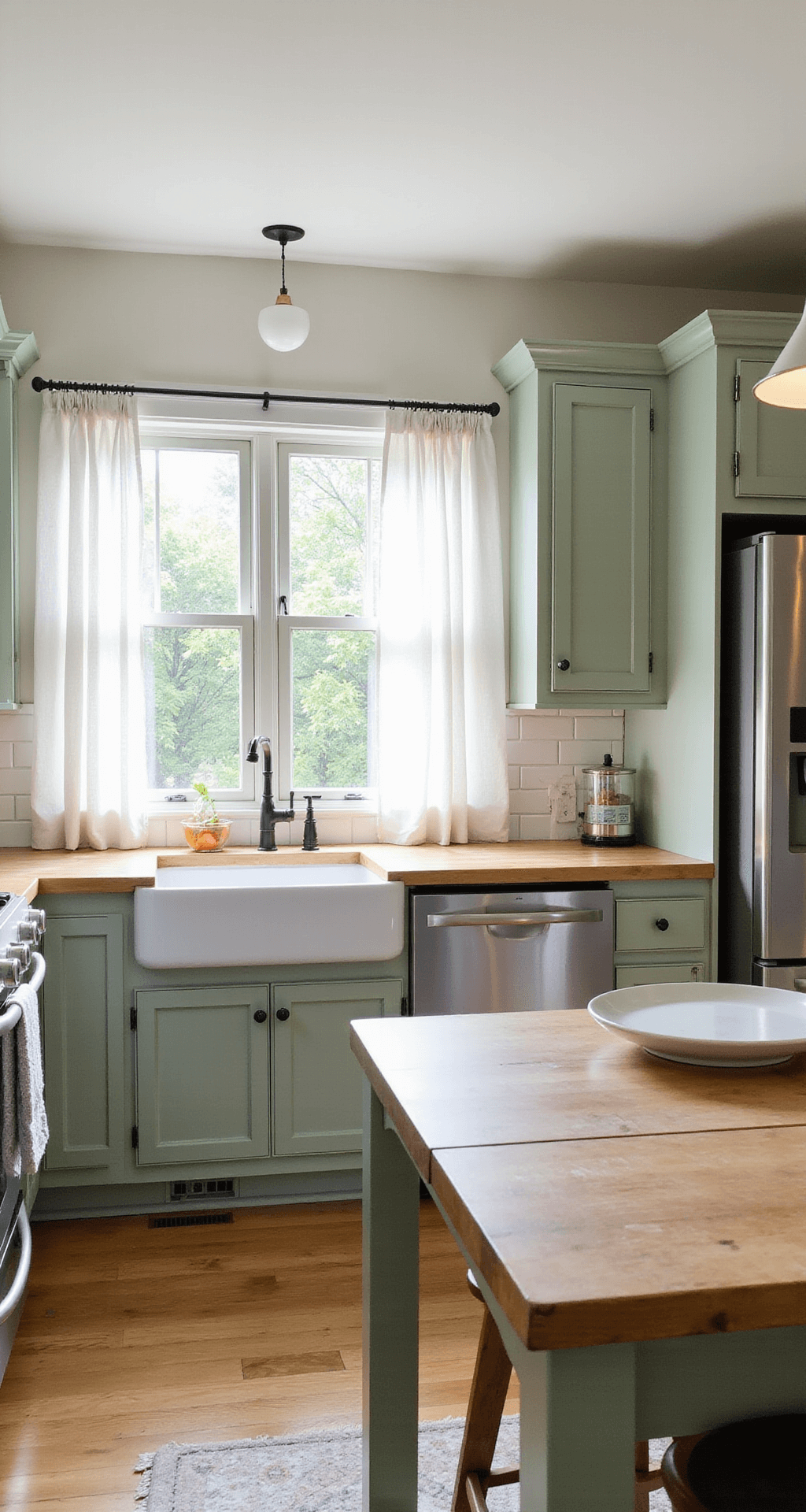 Sizzling Small Kitchen Ideas for Bloxburg: Maximize Style in Minimal Space A cozy 4x4 kitchen bathed in soft afternoon light, featuring a central butcher block island, stainless steel appliances, ample sage green shaker-style cabinets, and a farmhouse sink below a curtained window, all in a warm and inviting color palette.