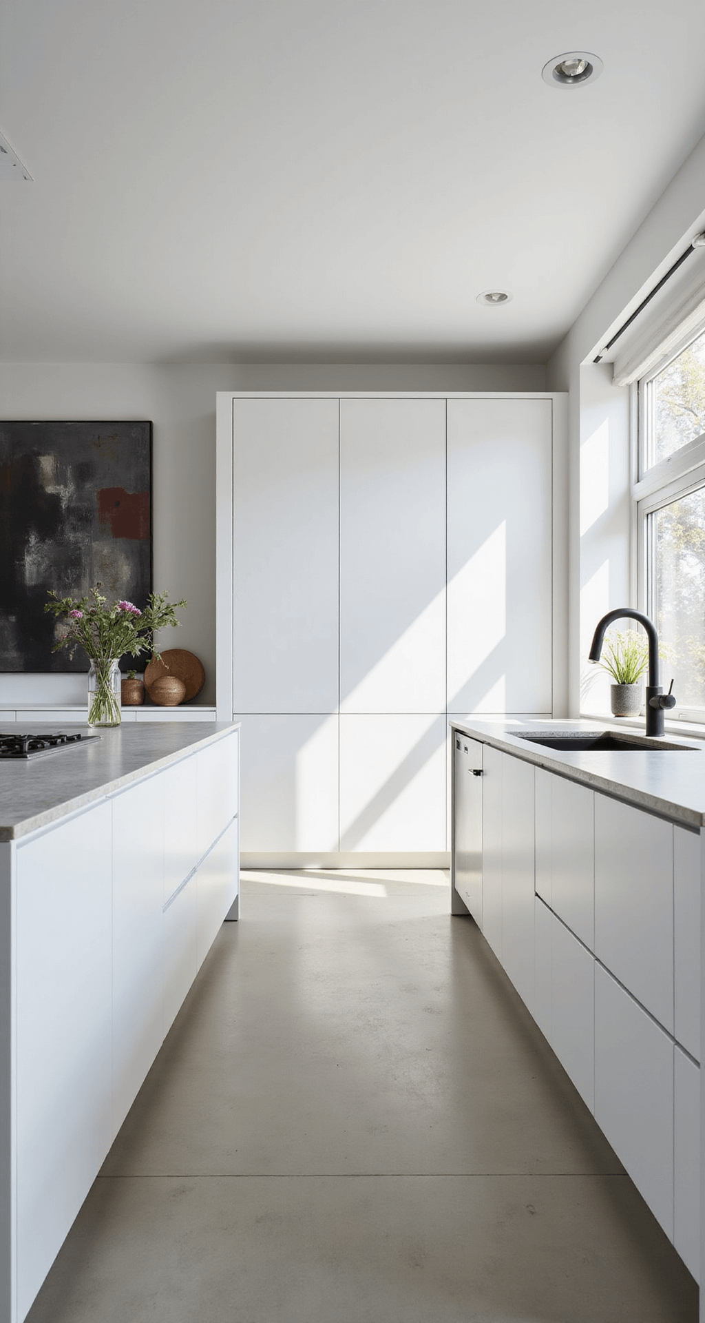 Sizzling Small Kitchen Ideas for Bloxburg: Maximize Style in Minimal Space A minimalist kitchen featuring handleless, matte white cabinets, a pale grey quartz waterfall countertop that forms a breakfast bar, and black fixtures, all illuminated by cool morning light with a focus on symmetry and clean lines.