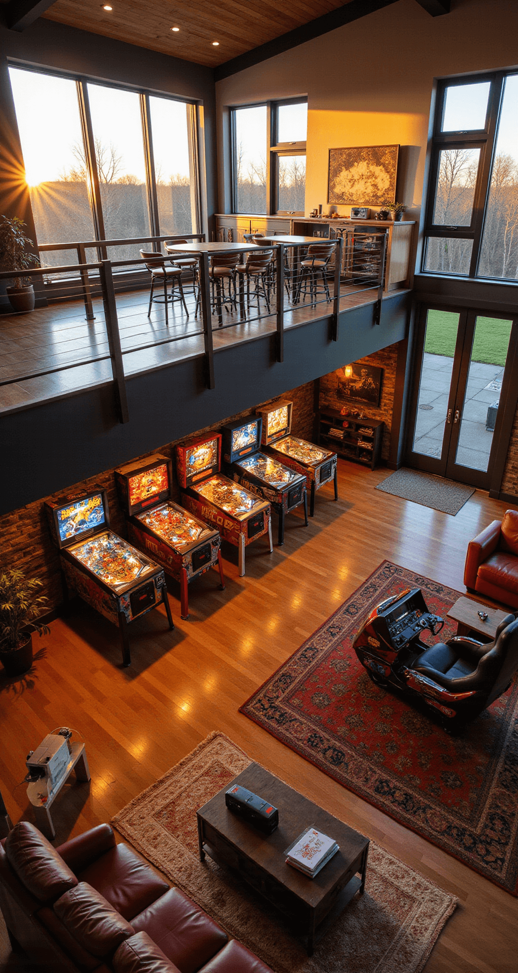 Arcade Game Rooms: Your Ultimate Guide to Gaming Paradise A spacious open-concept living area featuring a dedicated arcade zone, illuminated by golden hour sunlight through floor-to-ceiling windows, with a custom bar, glowing pinball machines, and a racing simulator, blending warm woods, cool metals, and cherry red accents.