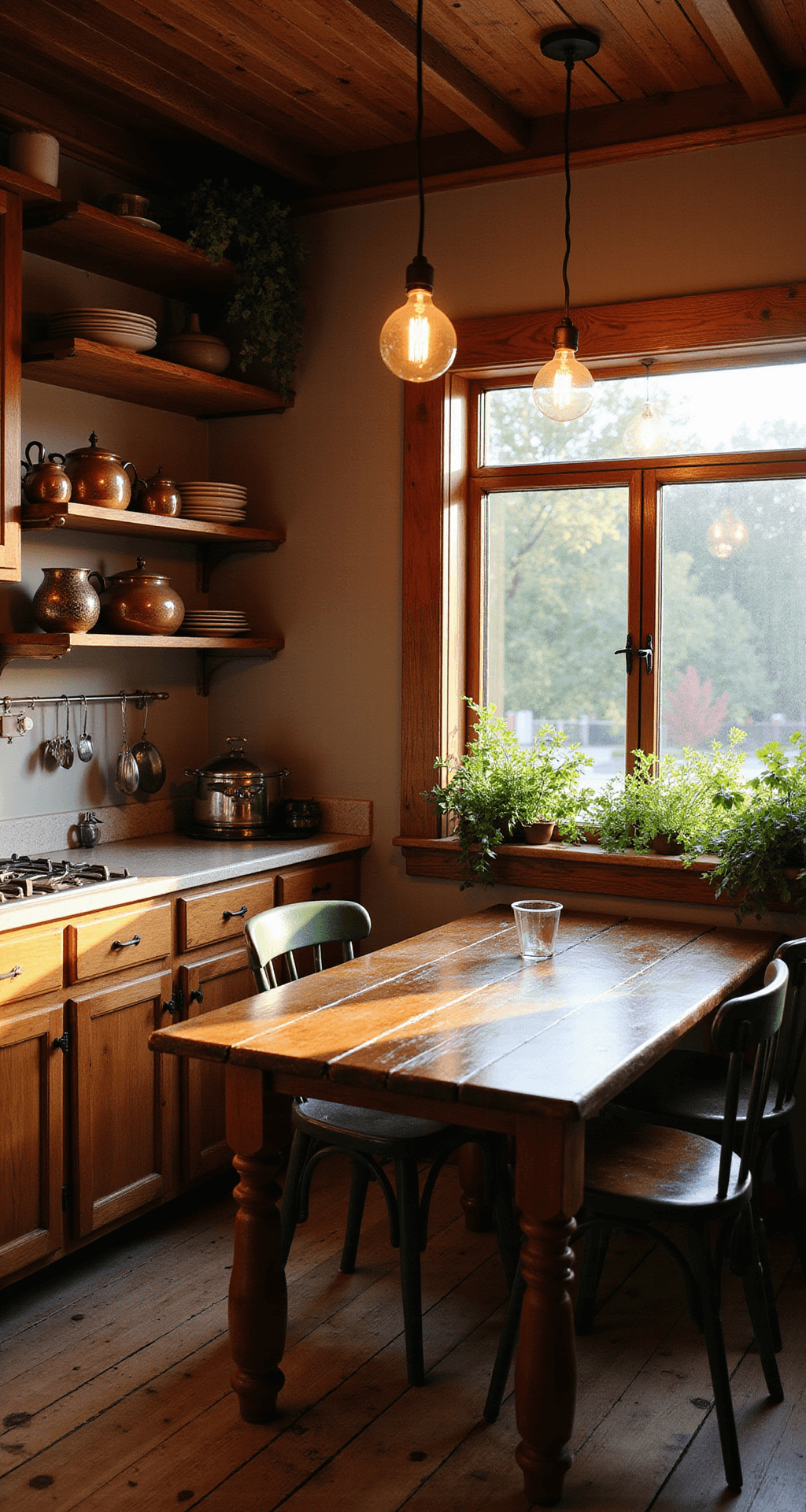Sizzling Small Kitchen Ideas for Bloxburg: Maximize Style in Minimal Space A cozy kitchen nook bathed in warm sunset light, featuring rich wood elements, open shelving with copper cookware and ceramic dishes, a rustic wooden table with mismatched vintage chairs, and a windowsill herb garden. Warm Edison bulb pendants illuminate the space, highlighting the warm wood, terracotta, and muted green color palette. The intimate corner angle enhances the inviting atmosphere.