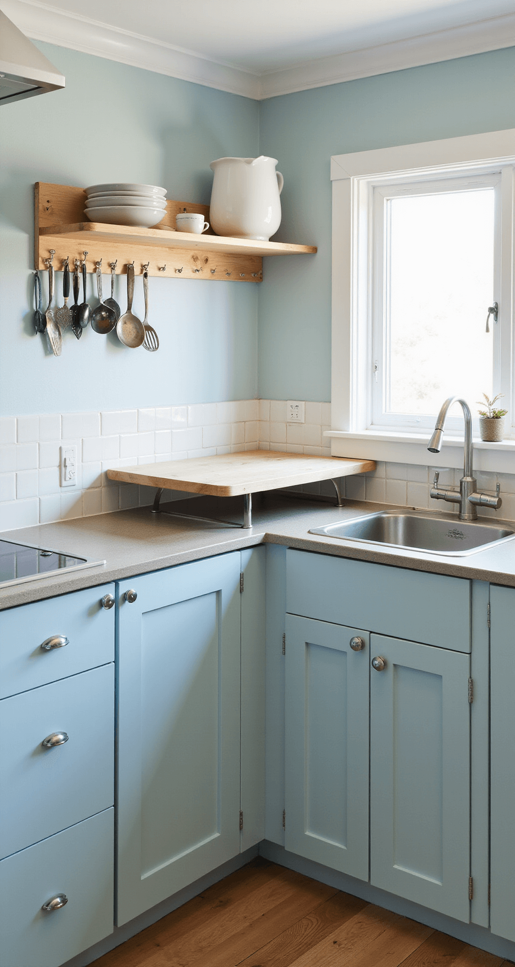 Sizzling Small Kitchen Ideas for Bloxburg: Maximize Style in Minimal Space A spacious, cleverly designed kitchen with light blue and white color scheme, featuring a fold-down dining table attached to the wall, custom countertops that wrap around a corner, and utensil hooks on the backsplash, all captured in bright midday light from a wide-angle overhead perspective.