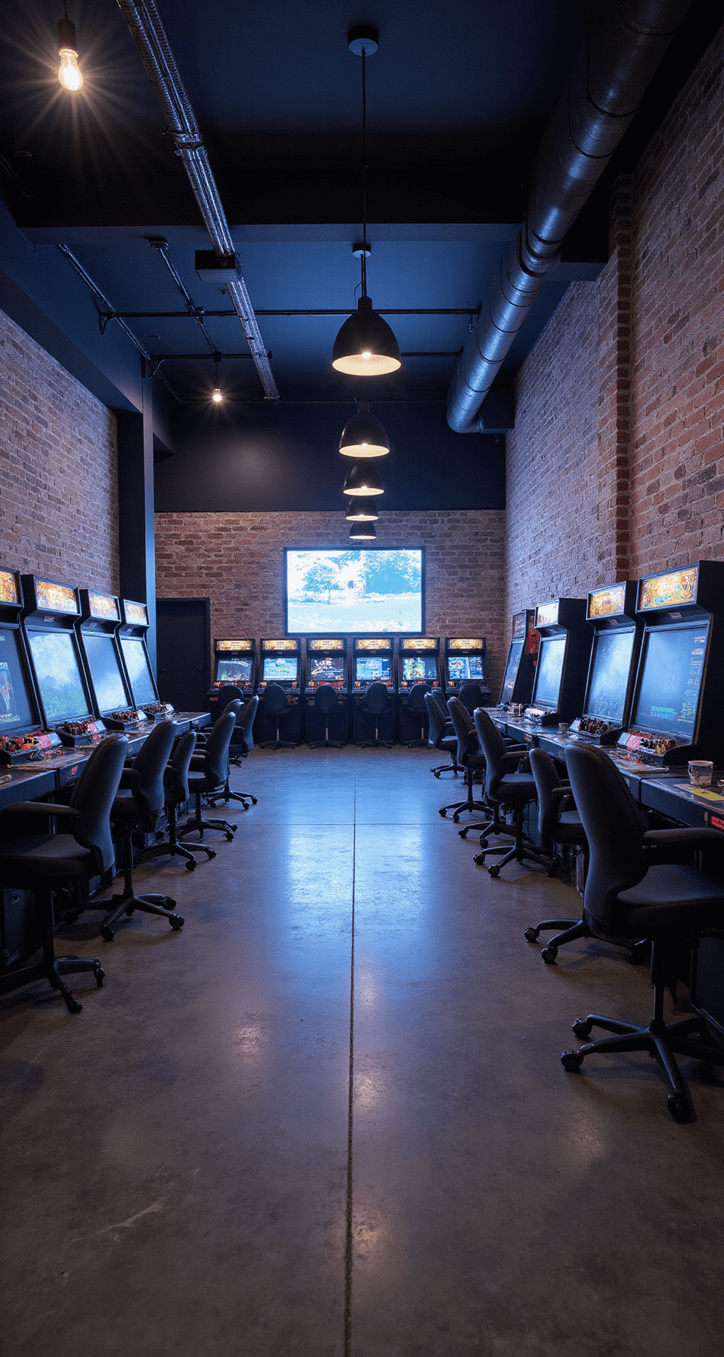 Arcade Game Rooms: Your Ultimate Guide to Gaming Paradise A wide-angle view of a 30x50 ft commercial arcade space featuring industrial-chic decor, with exposed brick walls, polished concrete floors, and vibrant neon game displays, illuminated by dim ambient lighting and industrial pendant lights. The central island hosts VR gaming stations, and a massive LED screen showcases high scores against a backdrop of sleek modern cabinets.