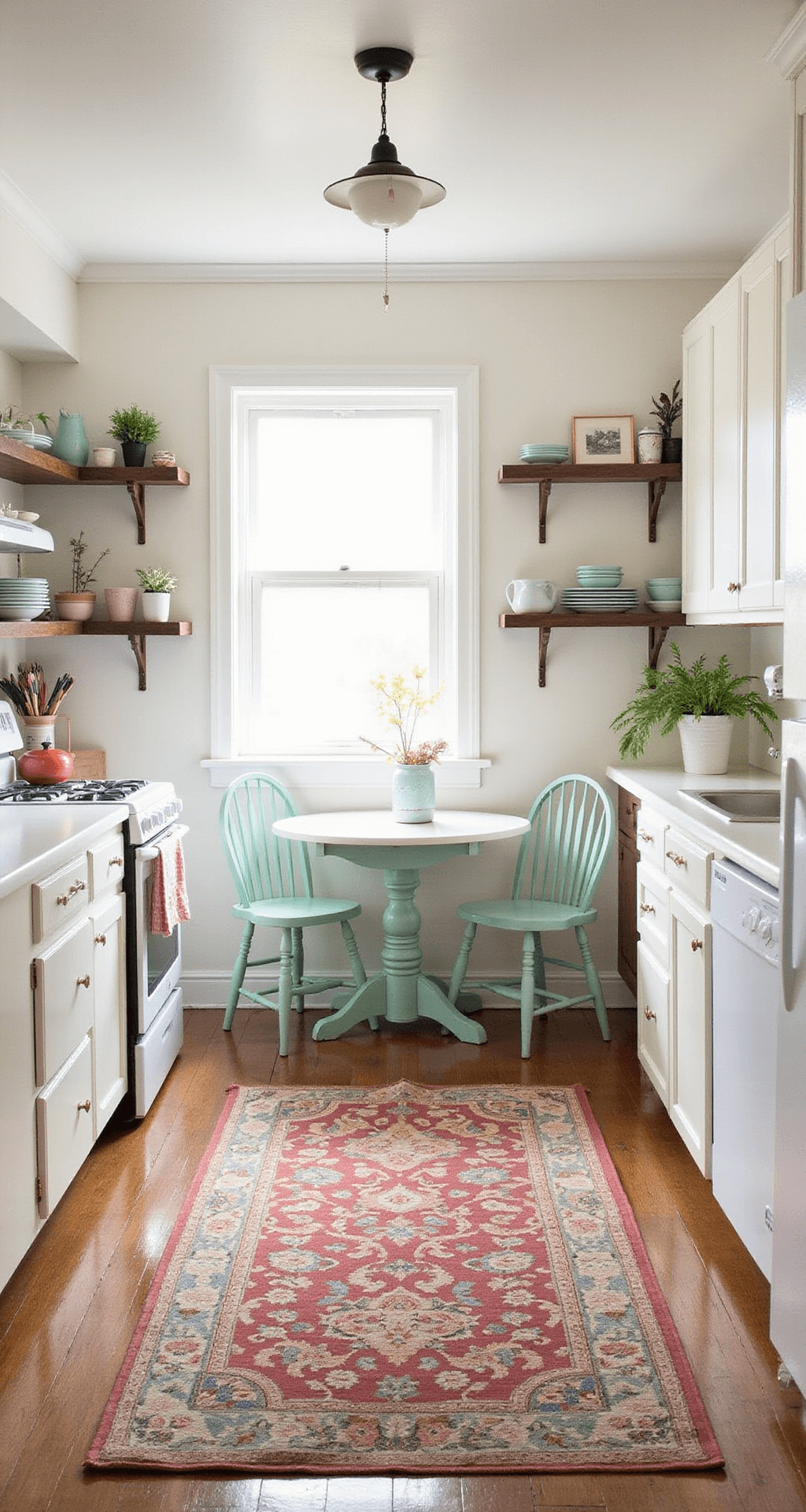 Sizzling Small Kitchen Ideas for Bloxburg: Maximize Style in Minimal Space A cozy budget-friendly kitchen design with white cabinets and countertops, illuminated by soft evening light. A vintage rug adds color to the floor, while open shelving showcases thrifted dishes. A small dining nook features a secondhand table and chairs in pastel hues, completing the inviting scene.