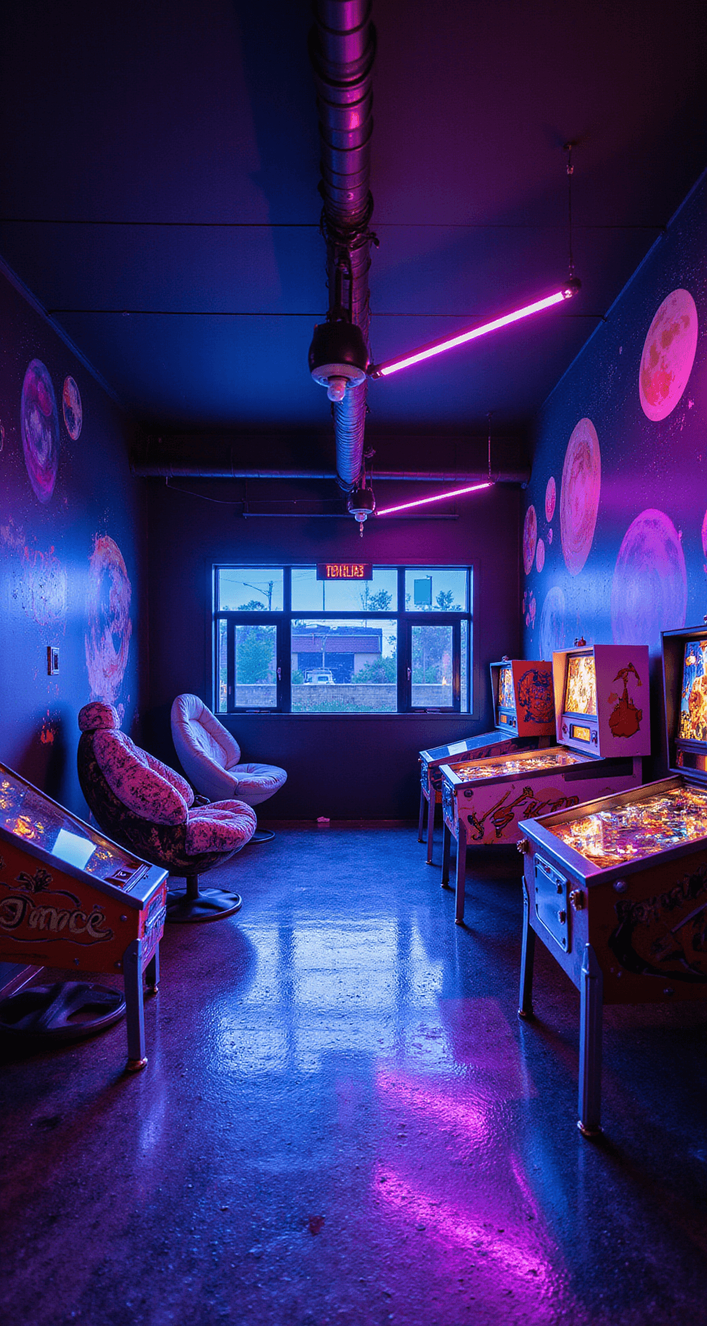Arcade Game Rooms: Your Ultimate Guide to Gaming Paradise A retro-futuristic arcade in a converted garage, featuring blacklight illumination, vintage and modern games, glow-in-the-dark murals of space scenes, metallic silver flooring, hanging egg chairs, and a deep purple and blue color palette with fluorescent accents. The low-angle shot highlights the glowing floor and murals, creating an otherworldly and energizing atmosphere.