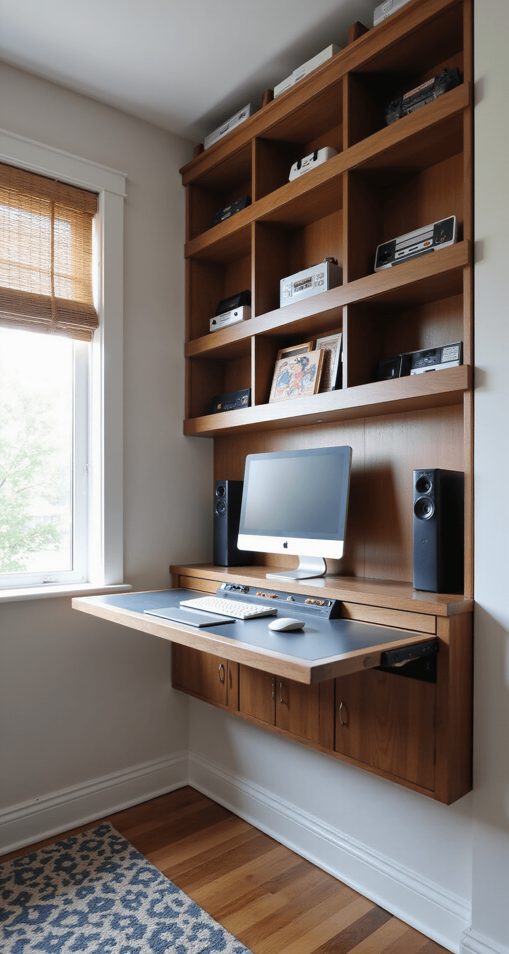 Arcade Game Rooms: Your Ultimate Guide to Gaming Paradise A compact home office and gaming nook with a wall-mounted fold-down desk that reveals an arcade cabinet, showcasing a sleek gaming PC setup and retro consoles, bathed in soft morning light and warm walnut tones.