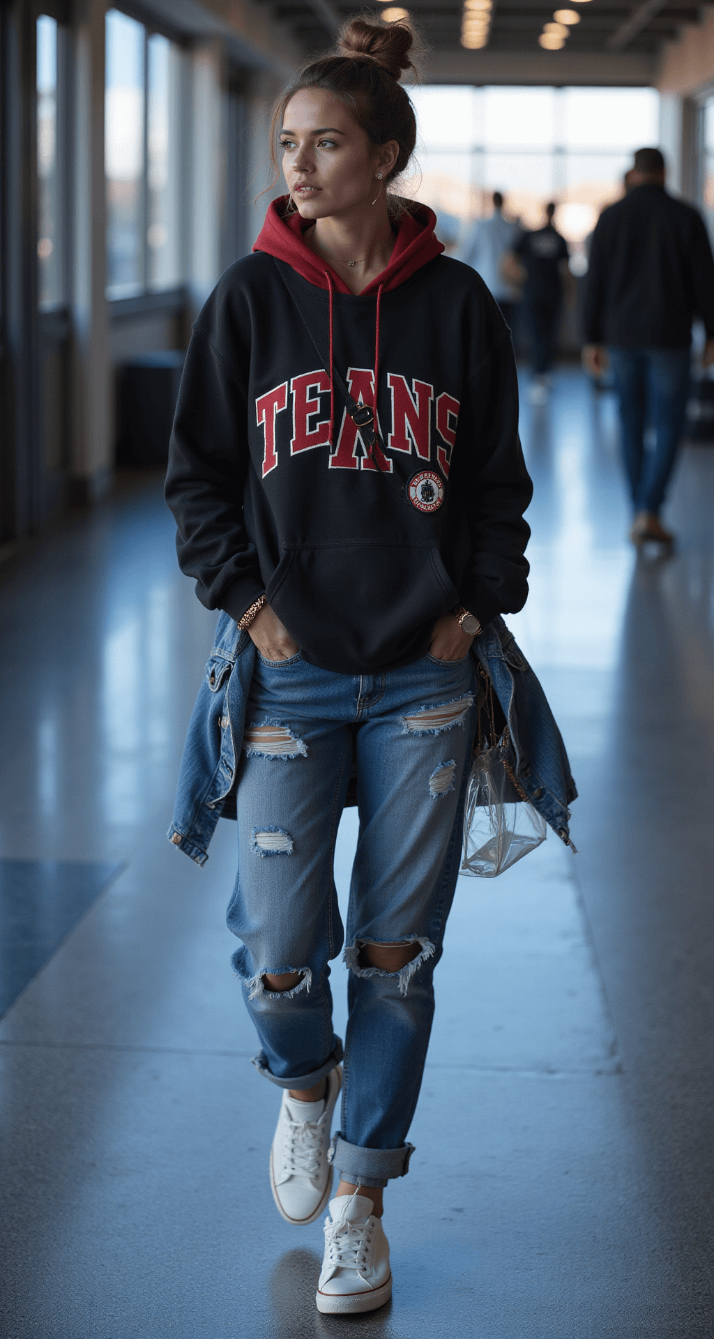 A female fan walks through a dynamic arena concourse at blue hour, wearing an oversized team hoodie, destroyed boyfriend jeans, and white high-top Vans. Her hair is styled in a messy bun and she wears minimal gold jewelry. A vintage team patch is visible on her denim jacket pocket as she carries a small clear stadium-approved bag. The background shows motion blur, highlighting the vibrant energy of the arena.