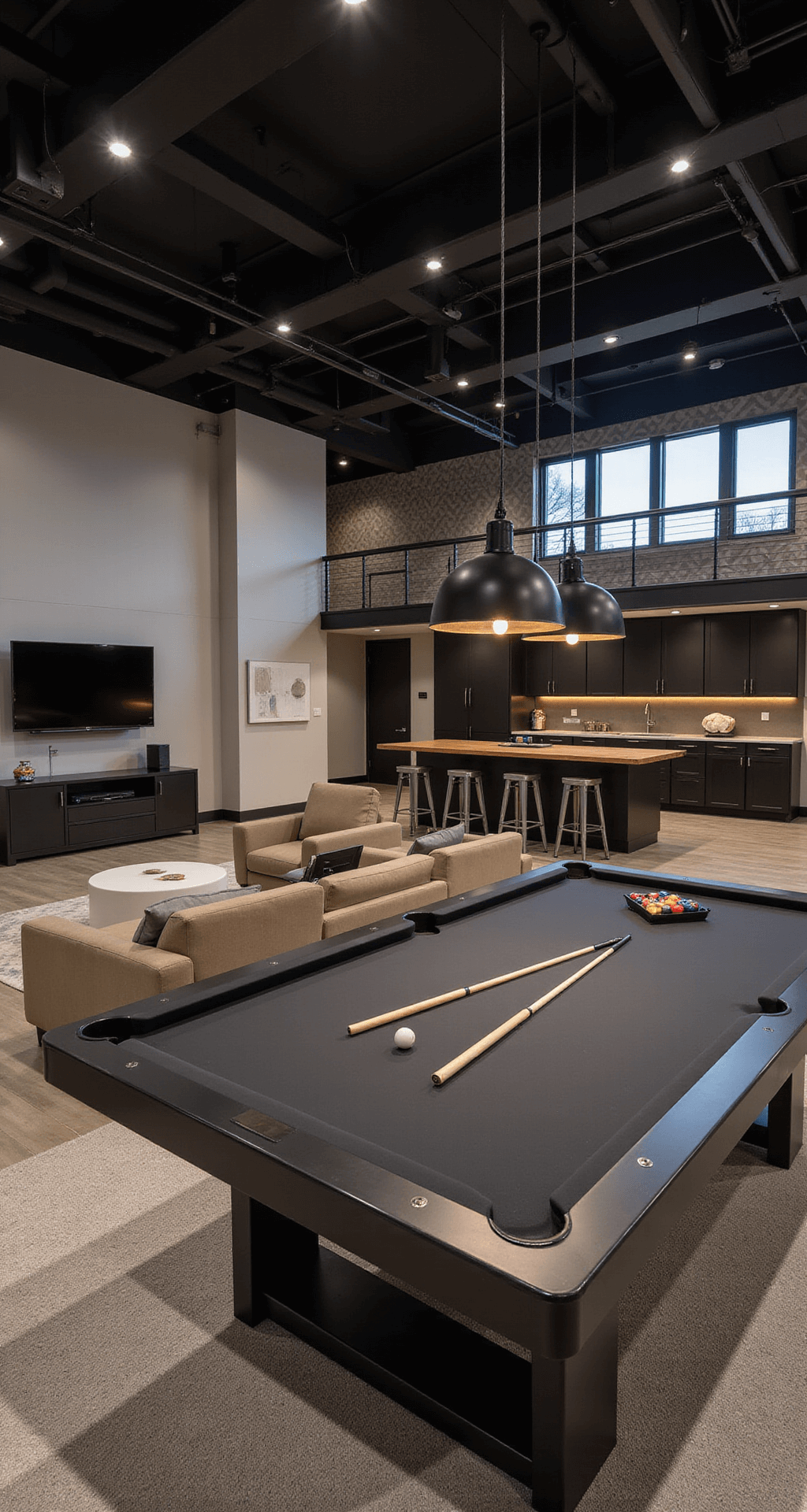 Bloxburg House Ideas: Ultimate 2-Floor Layout Guide for Gamers A spacious Bloxburg entertainment loft with exposed beams, evening dimmed lighting, a gaming area with a mounted TV and modular seating, a matte black pool table with pendant lighting above, and a bar area with industrial-style stools, all featuring geometric wallpaper and LED accents.