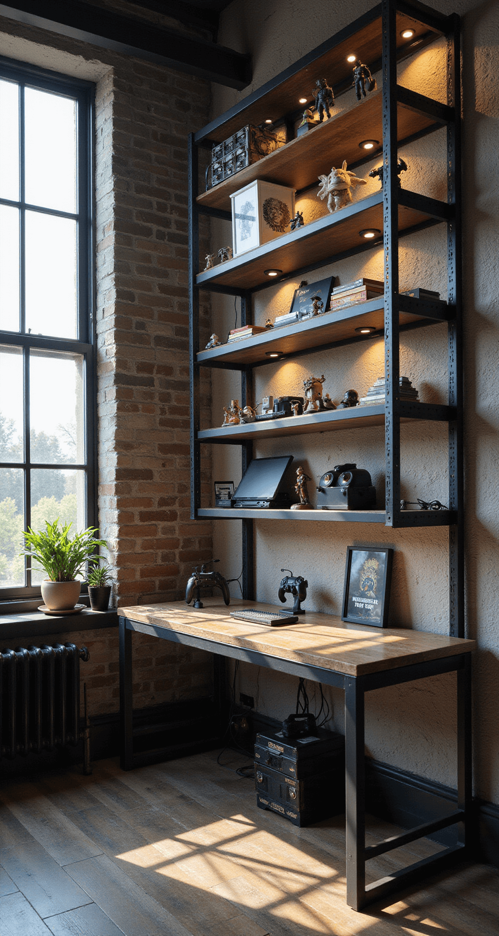 A spacious loft filled with morning light, featuring floor-to-ceiling shelves of gaming collectibles, glass display cases with LED lighting, and a gaming station on a raw wood desk, all complemented by vintage gaming posters on the walls.
