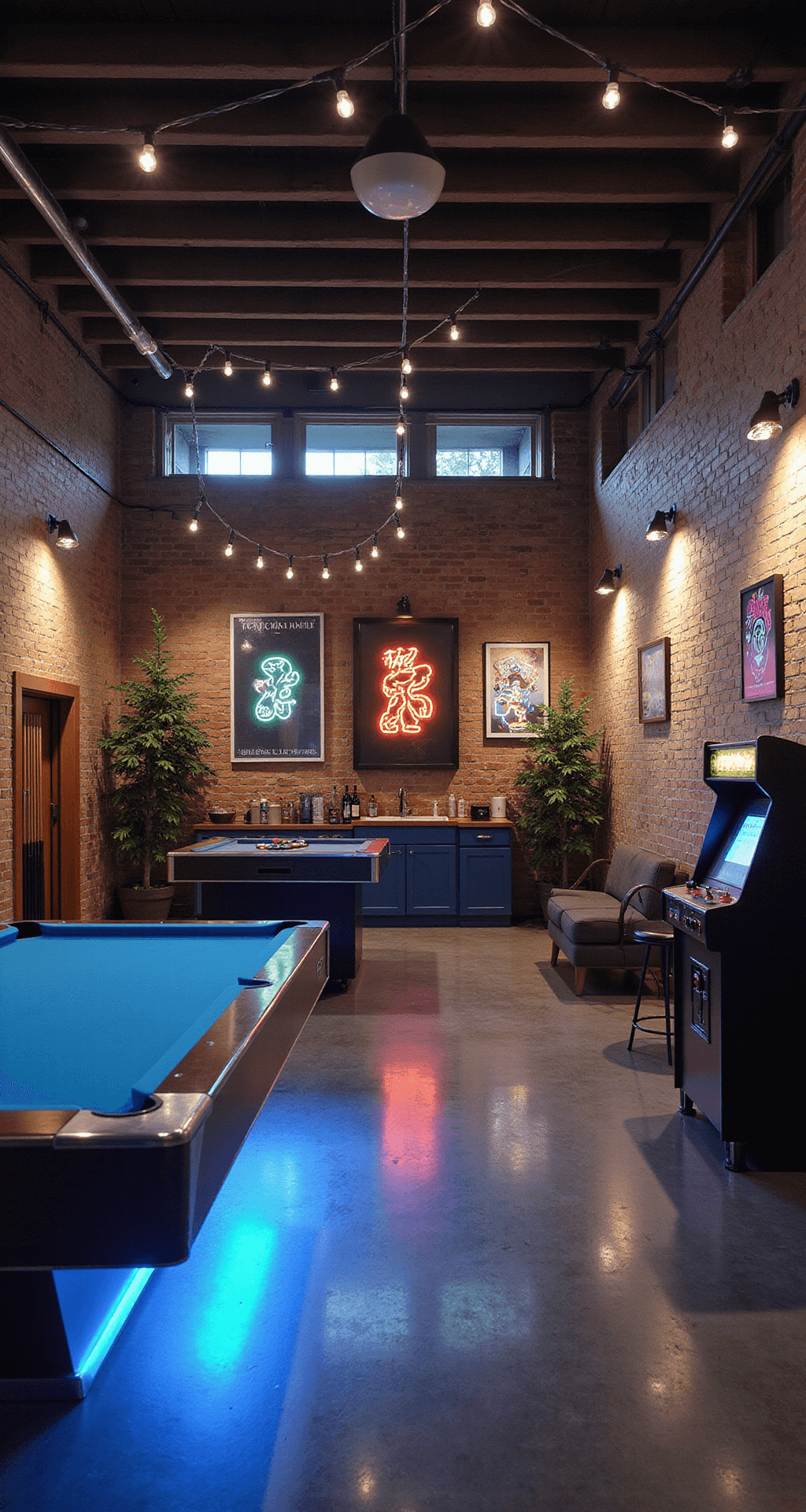 A spacious basement game room featuring exposed brick walls and polished concrete floors, with late afternoon sunlight casting long shadows. The room includes a central island bar with LED underlighting, a pool table, and a lounge area, all adorned with neon game artwork and string lights. A vintage arcade cabinet glows in the corner, creating a cozy yet energetic atmosphere.
