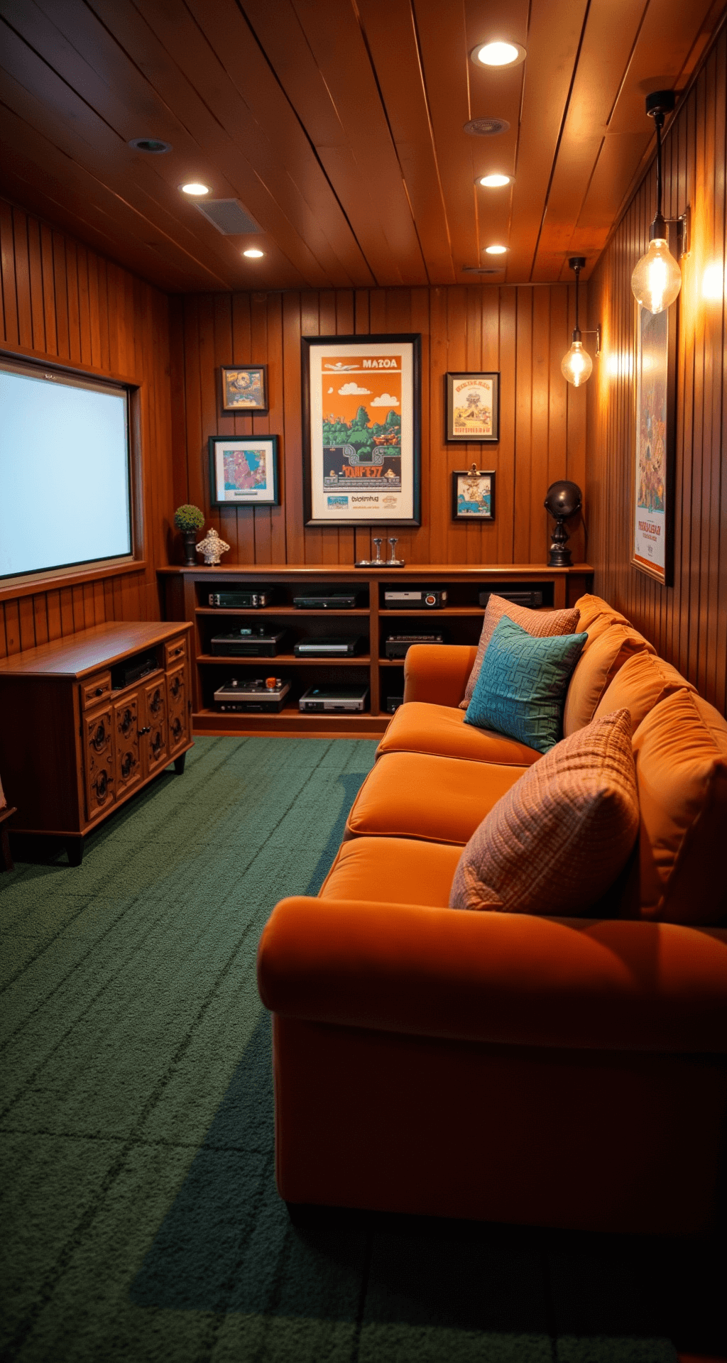 A cozy basement nook transformed into a retro gaming paradise, featuring warm amber lighting, wood-paneled walls adorned with pixel art, a burnt orange sectional sofa, shag carpeting, and a custom console cabinet, all captured from a high corner in soft focus.