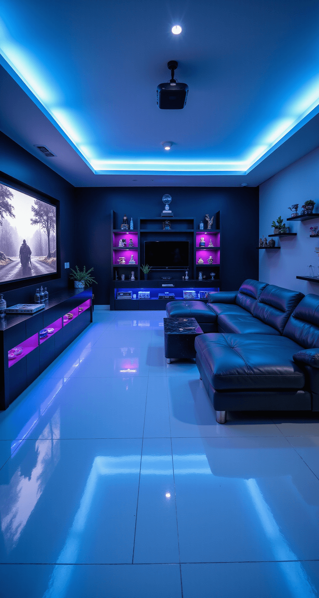 Sleek modern basement entertainment zone featuring blue-tinted LED lighting, glossy white epoxy floors, a charcoal gray modular sofa, floating shelves, a projector screen, a floor-to-ceiling mirror with a smart display, neon purple and electric green accents, and a glass-topped wet bar, all captured from a slightly elevated angle.