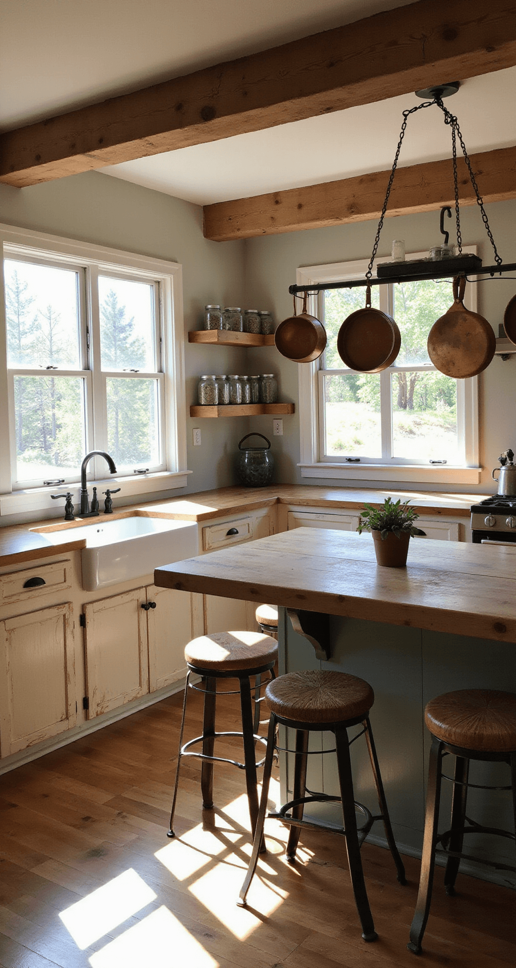 A rustic 12x15 ft kitchen featuring exposed wooden beams, distressed oak cabinets, and a farmhouse sink, illuminated by warm afternoon light. A butcher block central island with vintage bar stools, copper pots on display, and Mason jars filled with herbs adorn open shelves, all in a soft palette of cream, warm brown, and muted sage green. The elevated camera angle showcases the room's layout and texture interplay.