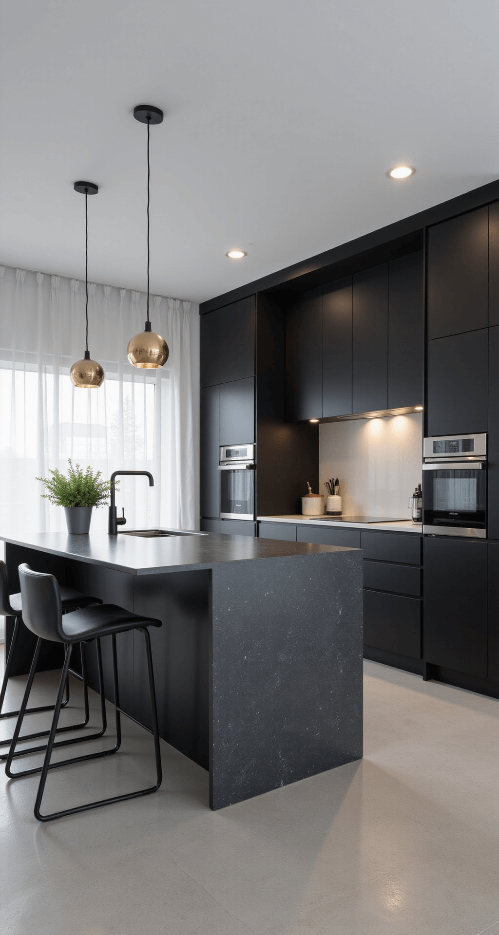 A minimalist kitchen featuring matte black cabinets and stainless steel appliances, a waterfall quartz countertop island, and streamlined bar stools, all illuminated by cool morning light and recessed LED lighting, with a single pendant light and a potted plant for a touch of green.