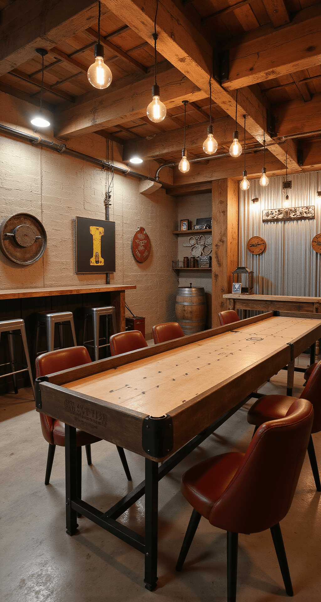 A rustic-industrial basement game room featuring reclaimed wood beams, corrugated metal walls, and warm Edison bulb lighting; showcasing a custom shuffleboard table, high-top barrel tables, vintage metal signs, a copper-topped bar, and distressed leather armchairs, all in a warm wood and cool metal color palette with deep red accents.