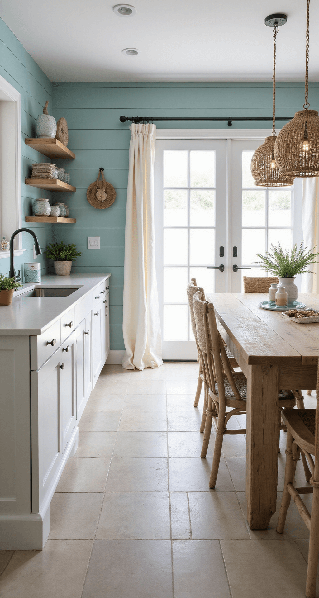 A bright coastal-inspired kitchen featuring pale blue shiplap walls, white Shaker cabinets, sandy tile floors, and open shelving with beach glass. A large farmhouse table with weathered chairs is in the center, underrope-wrapped pendant lights, with sheer curtains billowing from French doors that open to a patio.