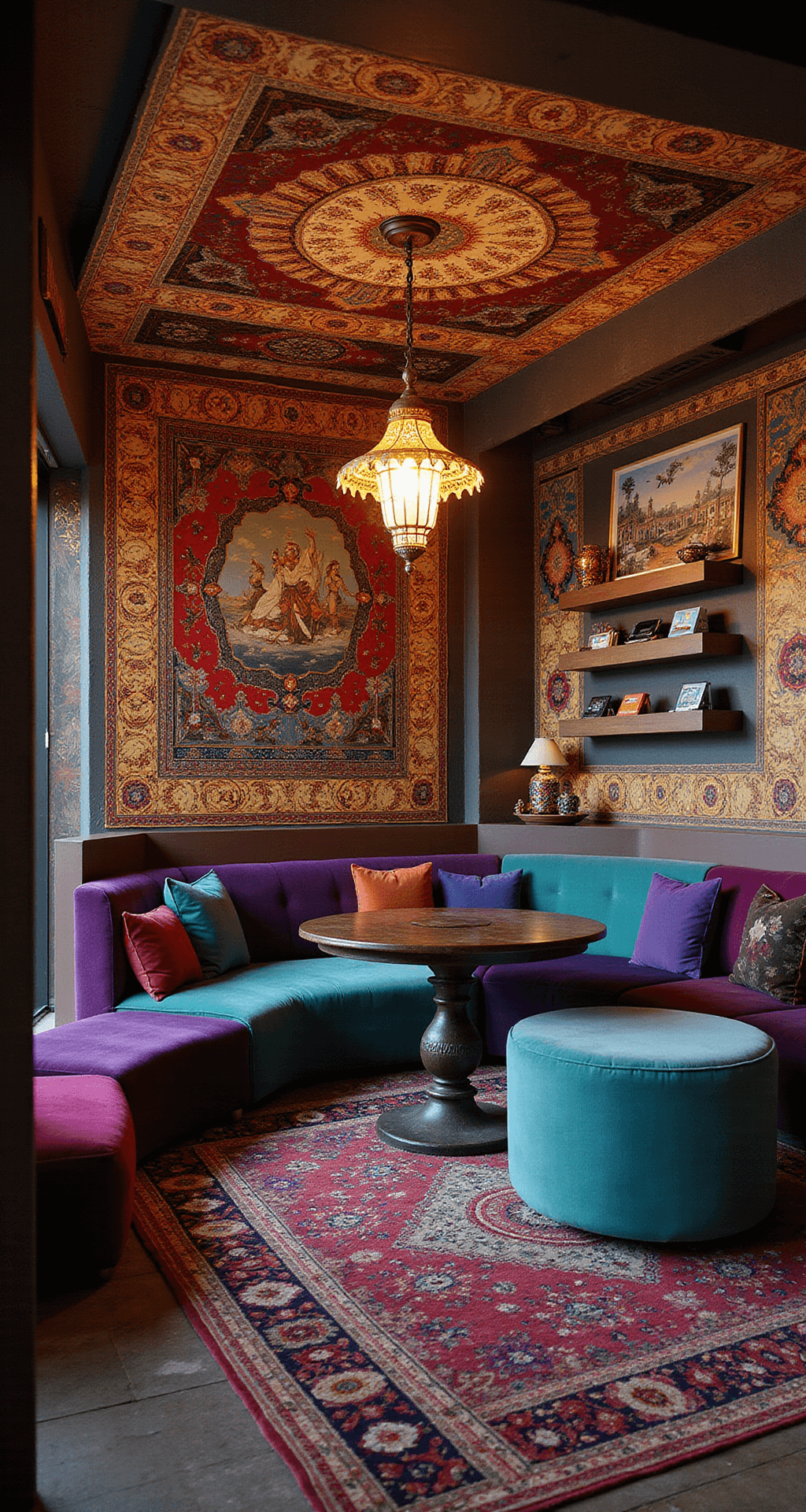 An eclectic basement lounge featuring vibrant tapestries, international gaming posters, and Moroccan lanterns, with low-slung modular seating in jewel-toned velvets around a central gaming table. Ornate rugs cover the floor, a curved bar displays game-themed cocktail ingredients, and floating shelves showcase handheld gaming devices. The color scheme includes deep purples, teals, and golds, all under warm, diffused lighting.