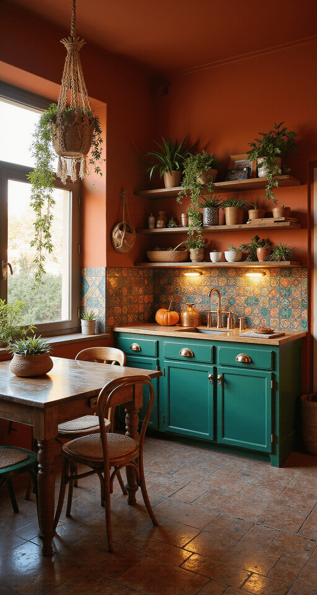 A boho kitchen with terracotta walls and emerald green cabinets, featuring a vintage wooden island with Moroccan tiles, mismatched dining chairs, and macramé plant hangers, all illuminated by golden hour light.