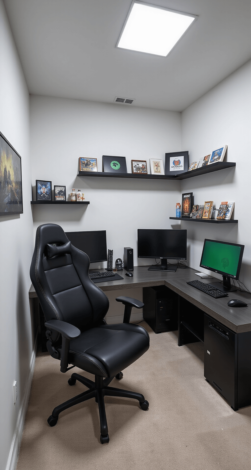 A minimalist basement gaming studio designed for streaming, featuring white walls, an ergonomic black leather gaming chair, custom PC setup with multiple monitors, floating shelves with gaming memorabilia, dimmable LED lights, a green screen area, and organized cable management, all in a black and white color scheme with colorful game logos.
