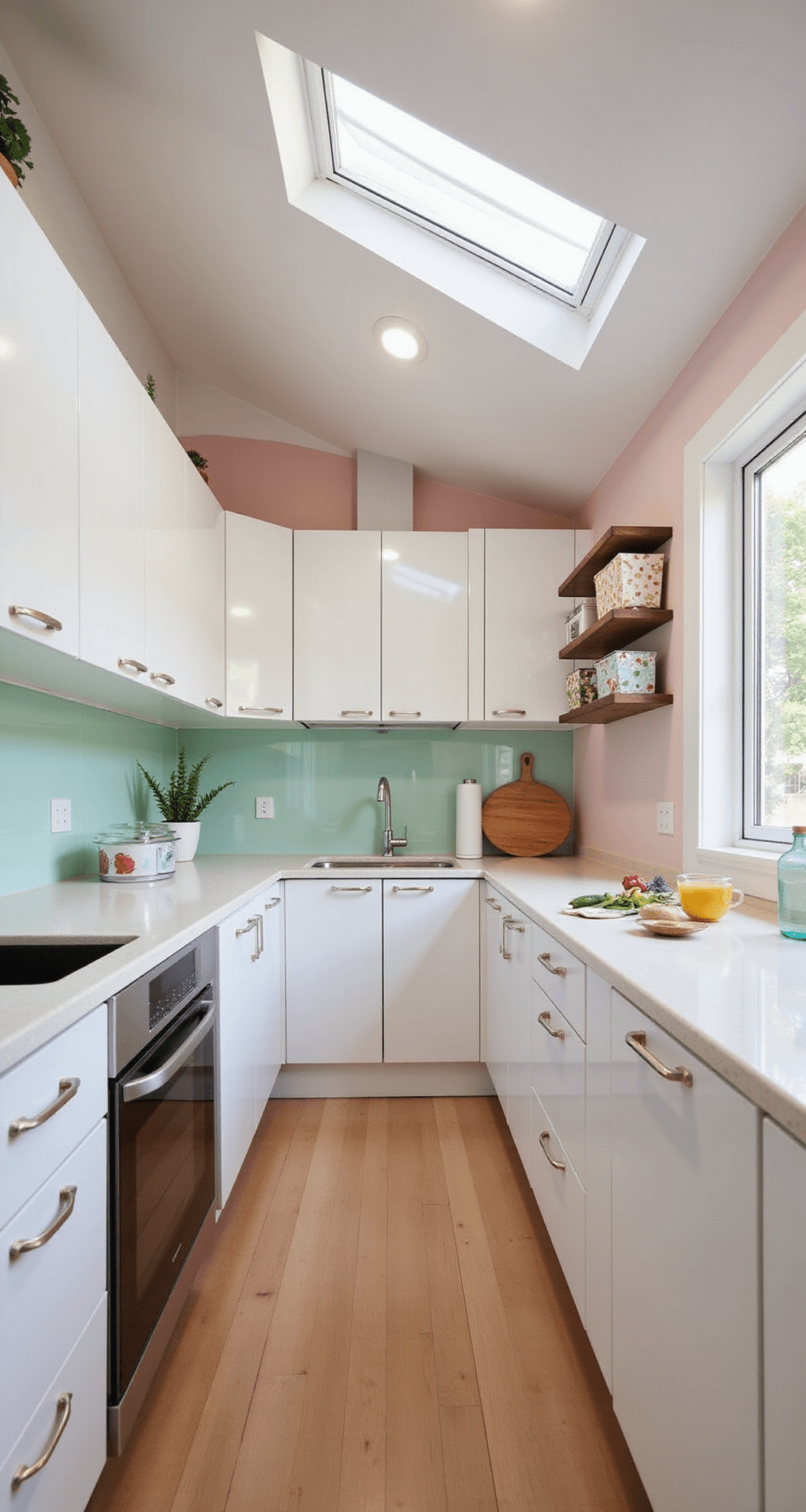 A compact 8x10 ft kitchen designed for maximum space efficiency, featuring glossy white cabinets, a mirrored backsplash, a fold-down table, and vertical storage solutions, all under soft ambient lighting with a pastel pink and mint green color palette.