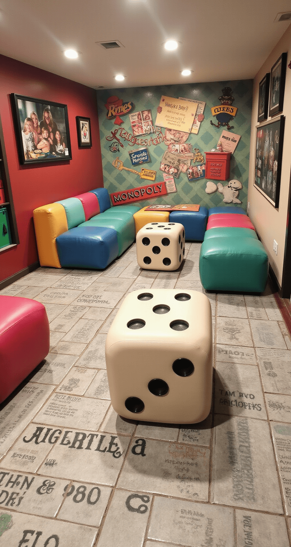A vibrant basement family game room featuring oversized dice ottomans, a Scrabble-tile floor, a Guess Who? mural with family photos, a Monopoly-themed bar, modular seating, and oversized game pieces used for storage, all in a playful mix of primary colors and pastels.