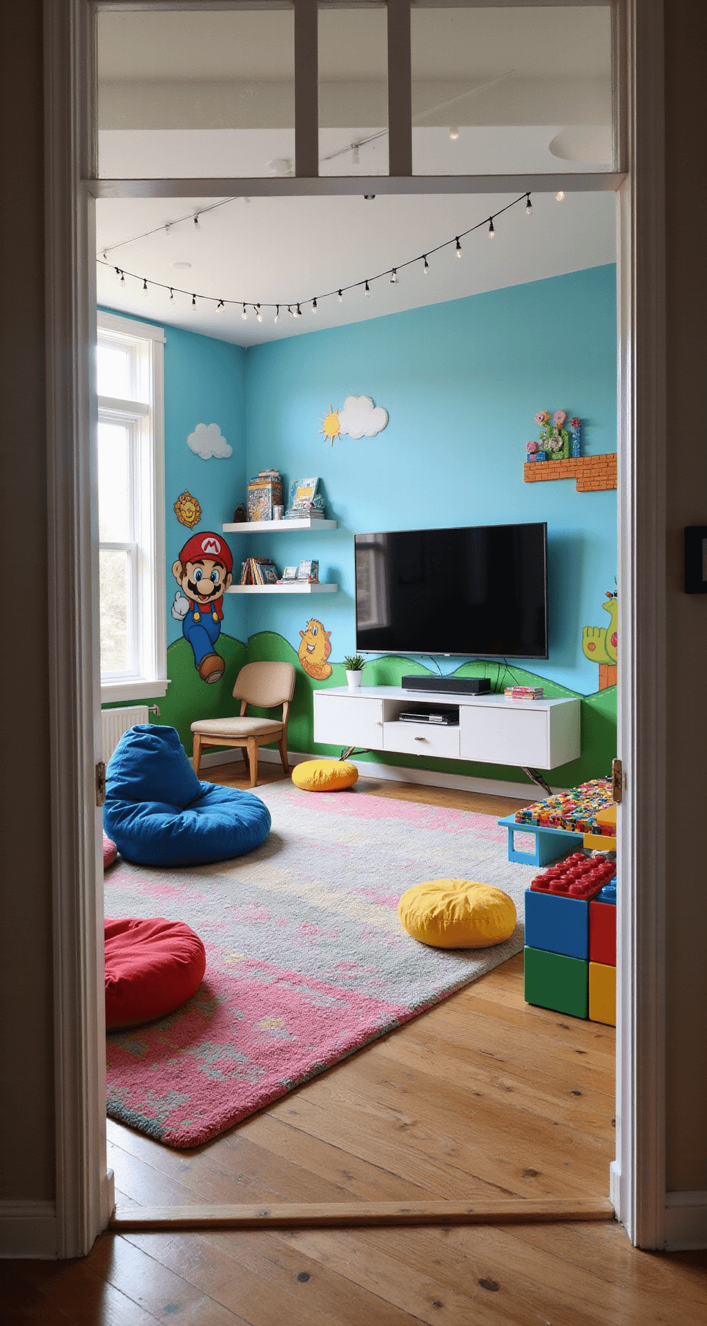 A vibrant kids' game room featuring a reading nook with a blue bean bag, a LEGO table with colorful storage cubes, a hand-painted Super Mario mural on the walls, and a 65-inch TV above a sleek white console, all illuminated by natural light from large windows.