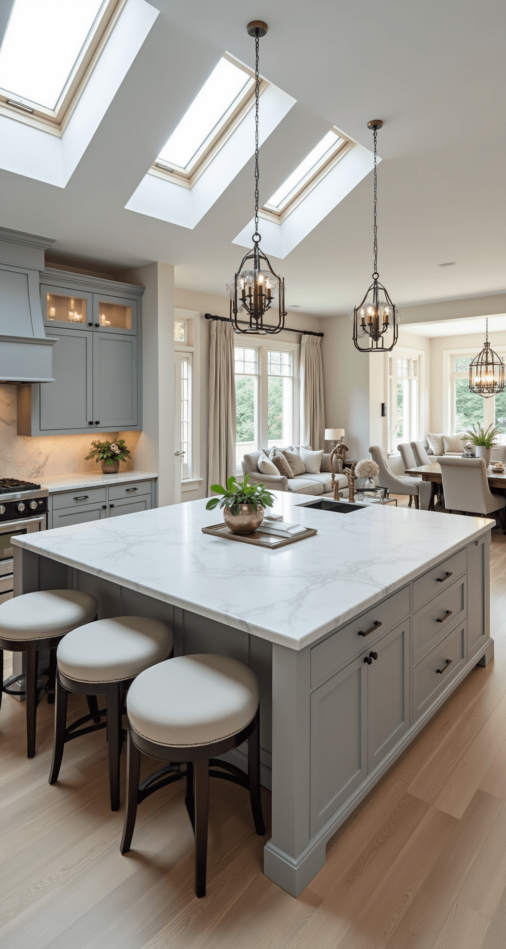 A spacious 20x24 ft kitchen-diner with natural light from skylights, featuring a massive marble island, elegant stools, soft gray cabinetry, top-of-the-line appliances, a cozy breakfast nook, formal dining area, statement chandelier, and modern pendant lights, all in a palette of soft grays, whites, and warm woods, captured from an elevated angle.