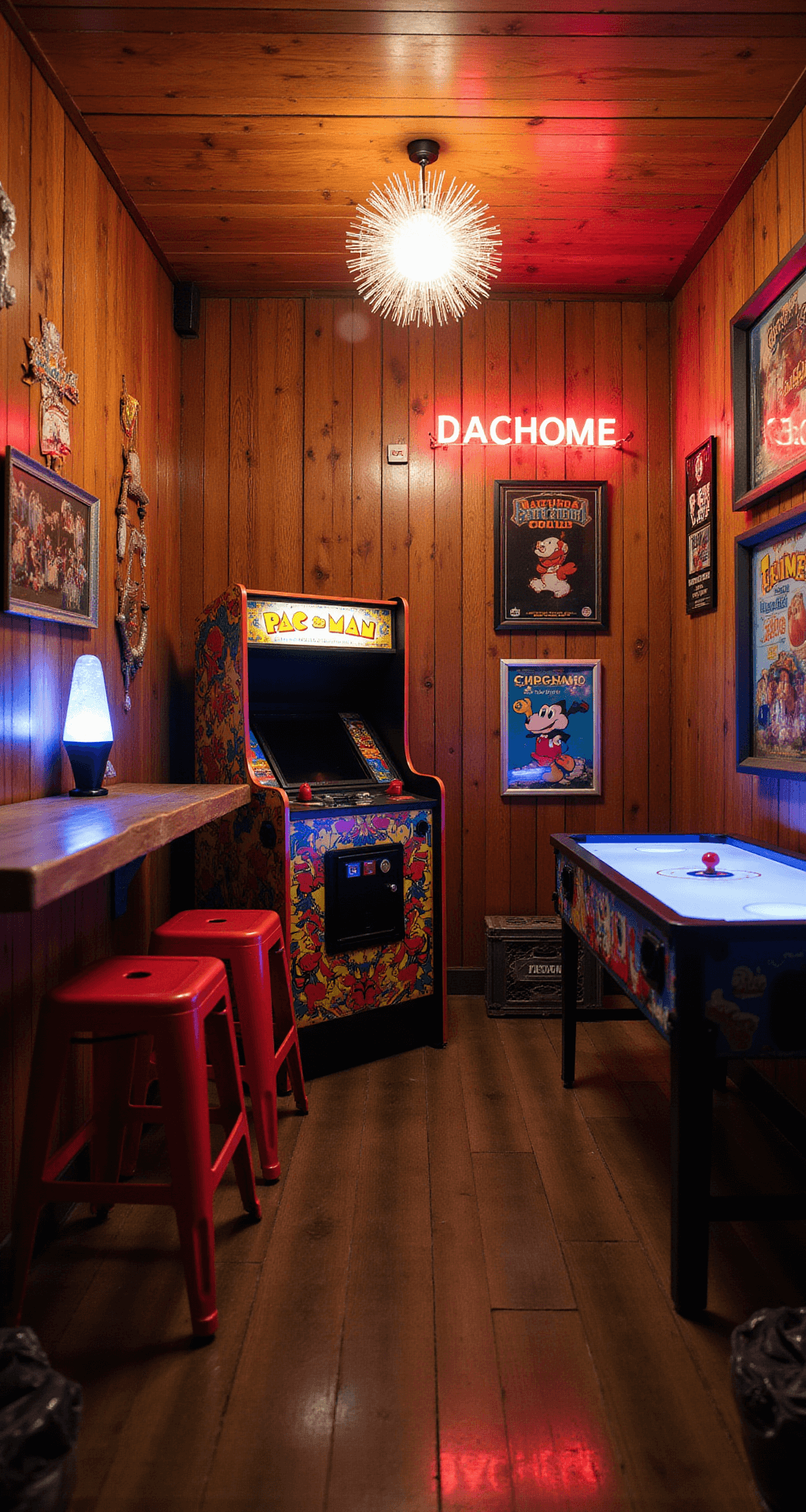 A cozy retro arcade nook featuring wood-paneled walls, vintage game posters, and neon signs. A restored Pac-Man cabinet, a pinball machine, and a compact air hockey table are showcased, illuminated by a starburst chandelier and a blue-lit lava lamp. Red vinyl barstools and repurposed milk crates complete the nostalgic 80s ambiance. The camera angle is low and tilted upward, enhancing the dynamic atmosphere.