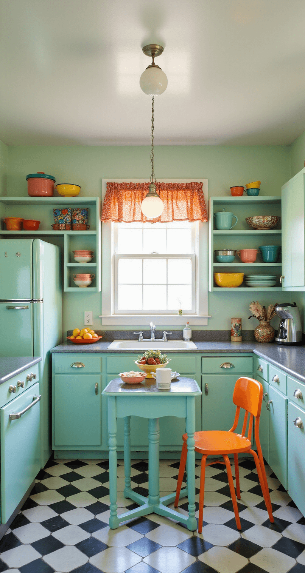 A retro-inspired kitchen featuring pastel mint green cabinets, checkerboard flooring, and chrome accents, illuminated by vintage globe pendants. A restored 1950s refrigerator and open shelving displaying colorful Pyrex dishes create a charming focal point. A small Formica-topped table surrounded by candy-colored vinyl chairs adds to the playful ambiance, while whimsical curtains frame a window above the farmhouse sink. The cheerful color palette combines pastels with pops of primary colors.