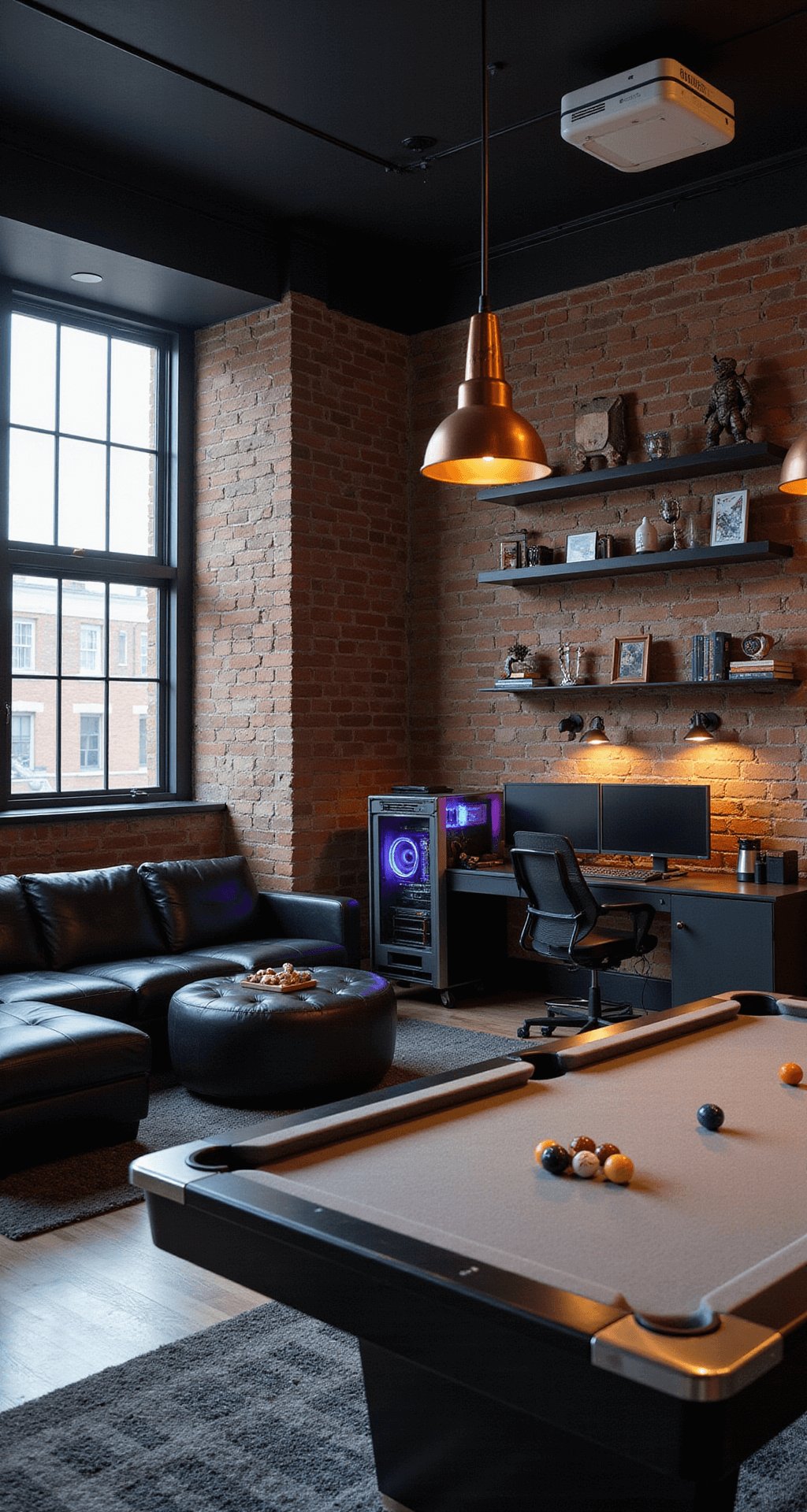 A chic teen game room in a 20x15 ft loft featuring exposed brick walls, industrial windows, a black leather sectional facing a wall-mounted projector, a high-tech PC gaming station, a modern pool table, and floating shelves with collectibles, all captured from a high corner angle.