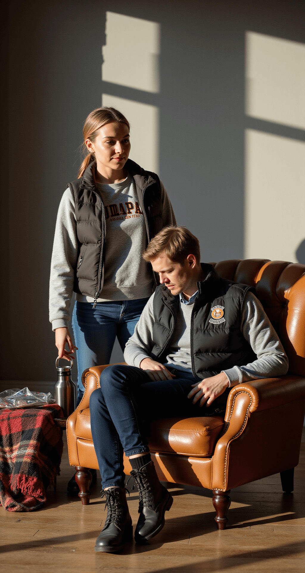 A woman arranges layers of clothing including a thermal base layer, vintage-wash sweatshirt, team jersey, and black puffer vest on a leather armchair in a modern loft living room, with warm afternoon sunlight casting shadows. Combat boots and wool socks sit nearby, alongside a plaid blanket and a thermos, creating a cozy pre-game atmosphere.