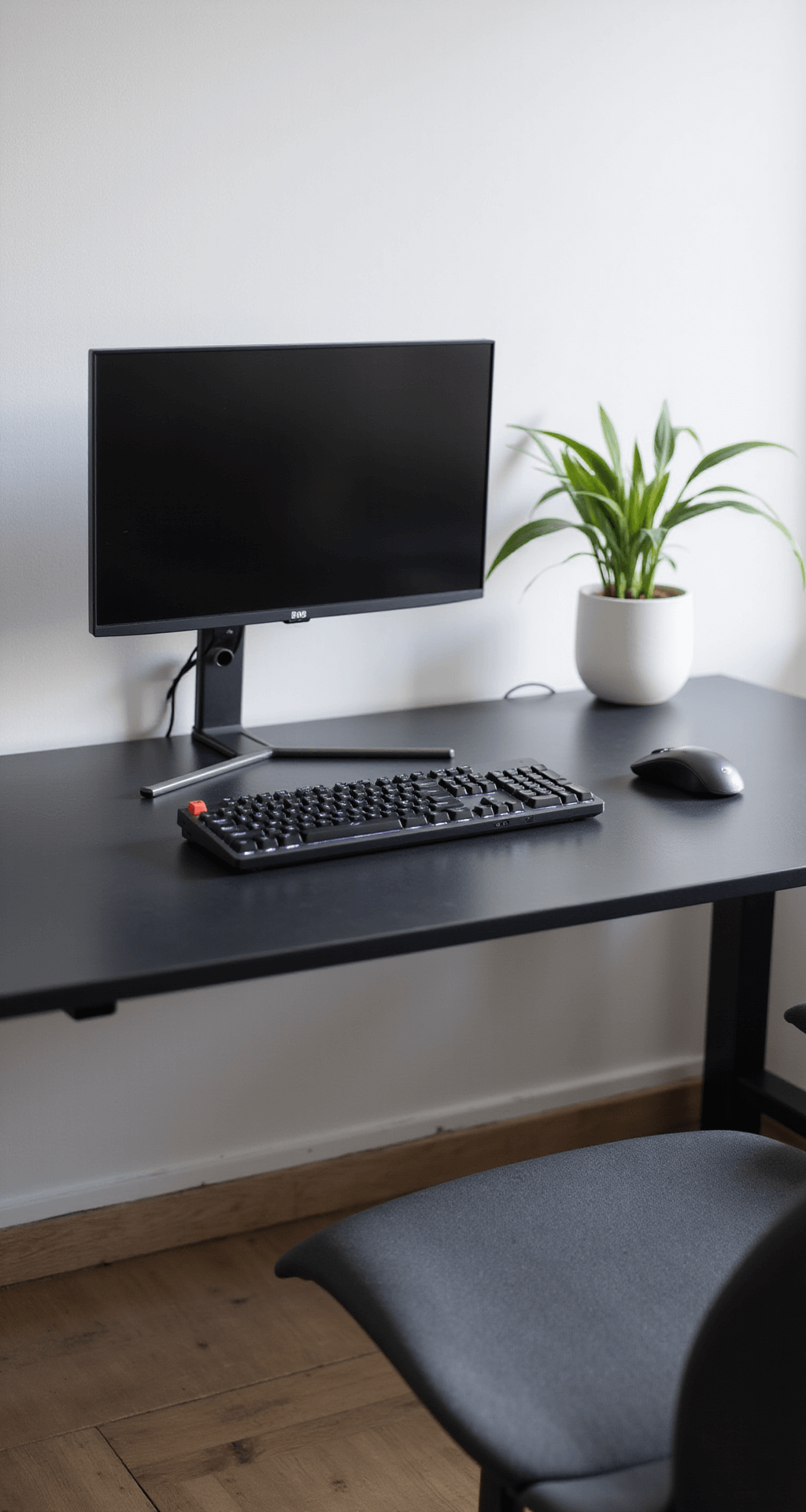 A minimalist tech setup in a bright afternoon, featuring a matte black gaming desk with an ultrawide monitor on an invisible bracket, a mechanical keyboard with white backlighting, and a potted snake plant, all set against clean white walls in a 10x12ft modern space.