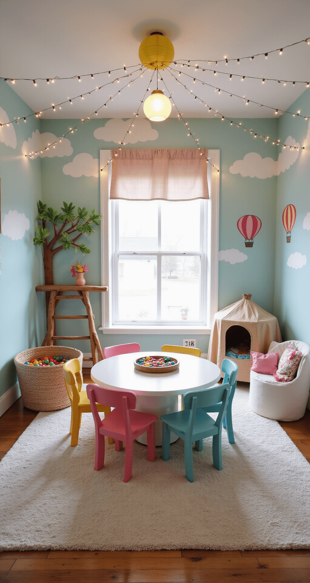 A whimsical playroom for young children featuring pastel walls with hand-painted clouds and hot air balloons, a treehouse-inspired reading nook, a colorful mini ball pit, a large round table surrounded by rainbow-hued chairs, and a magical canopy of fairy lights and paper lanterns, captured from a child's low-angle perspective.