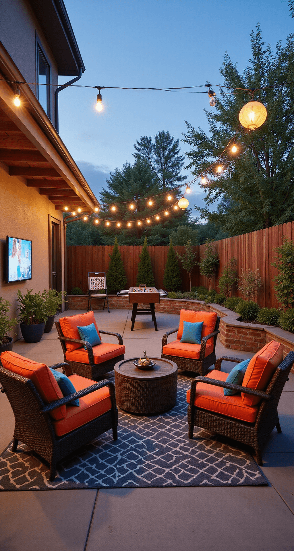 Outdoor game room on a covered patio featuring string lights, a mounted TV, wicker seating with bright cushions, a foosball table, a giant Connect Four game, potted plants, and a geometric outdoor rug, highlighting the indoor-outdoor flow as dusk approaches.