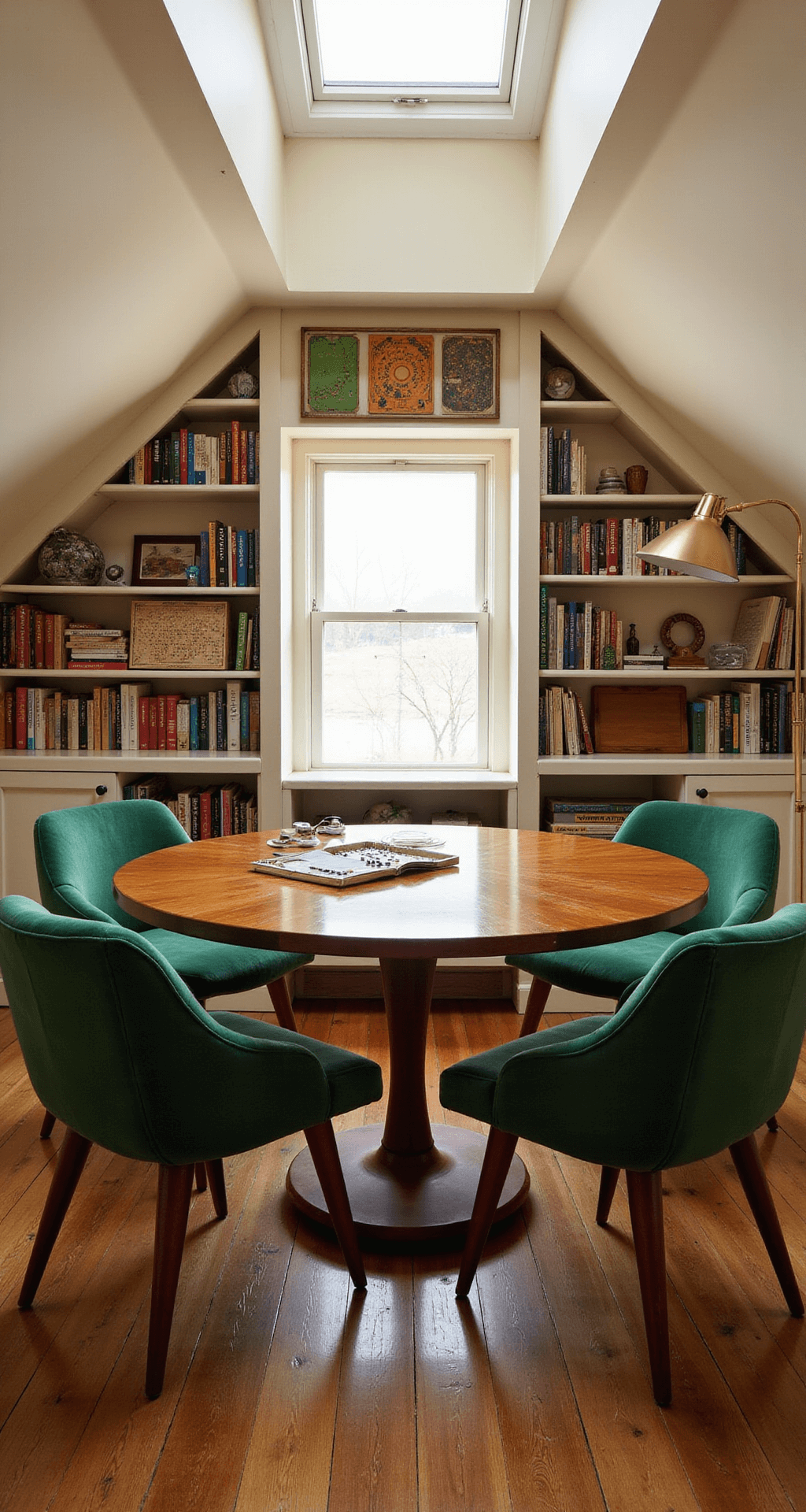 Cozy attic board game paradise with sloped cream-painted ceilings, built-in bookshelves filled with games, round table with lazy Susan, mid-century modern green velvet chairs, skylight, vintage brass floor lamp, and framed vintage game boards as wall art.