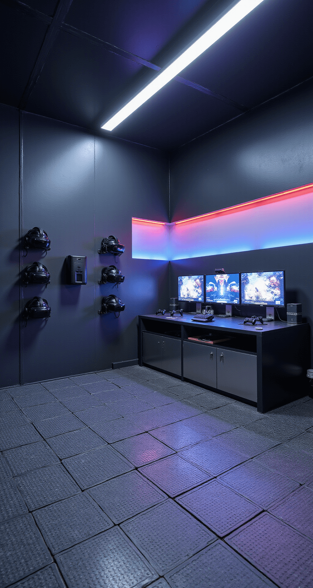 A spacious futuristic VR gaming room with glossy charcoal gray walls featuring color-changing LED lights, interlocking foam flooring for safety, adjustable mounts for VR equipment, multiple screens for spectators, and sleek metallic storage units, all illuminated with indirect sci-fi ambiance lighting.