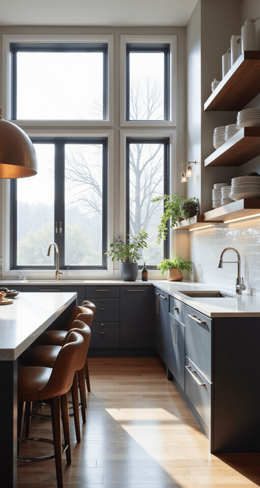 A modern kitchen featuring matte charcoal handleless cabinets, white quartz countertops, and a large island with waterfall edge, illuminated by morning light through floor-to-ceiling windows. The space includes leather and chrome bar stools, open shelving with white dishes, a copper pendant light, and a glossy white subway tile backsplash.