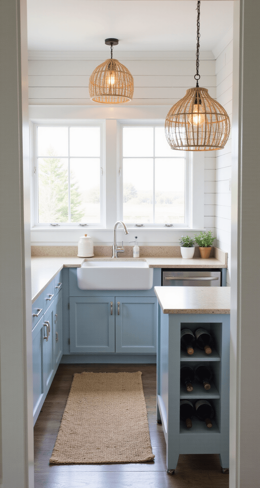 A coastal modern kitchen with soft blue lower cabinets, white upper cabinets, a compact island on casters, a farmhouse sink under a large window, sandy beige quartz countertops, a white shiplap backsplash, rattan pendant lights, and a jute rug, all illuminated by natural light and warm accents.